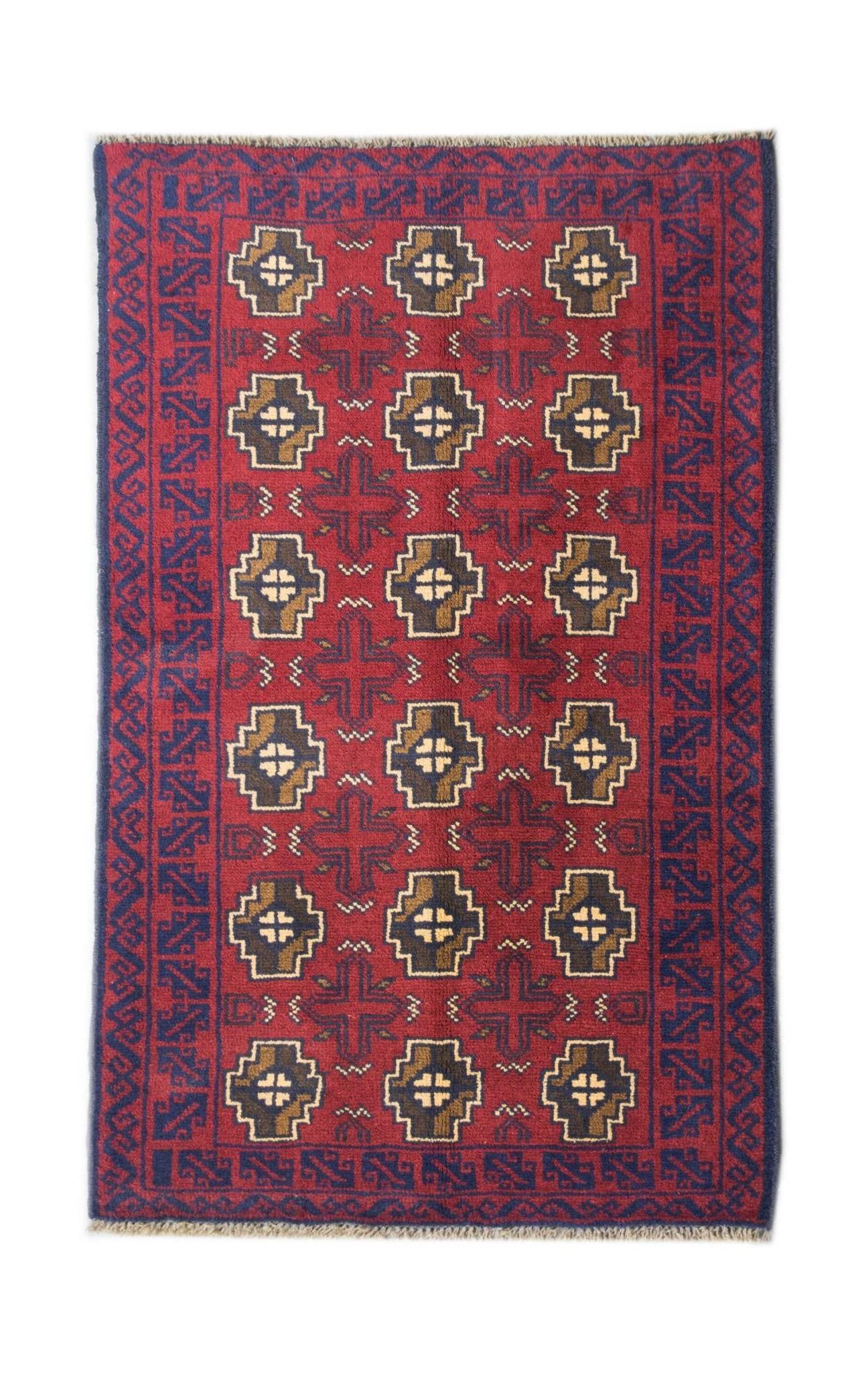 Handmade Afghan Pashm rug featuring a geometric pattern in red, brown, and blue wool.