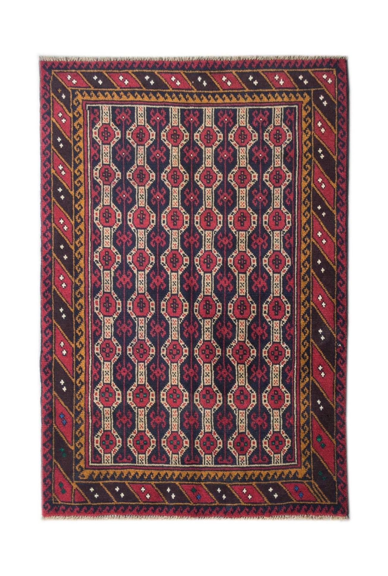 Handmade Afghan Pashm rug featuring a repeating geometric pattern in dark red, blue, and ivory.