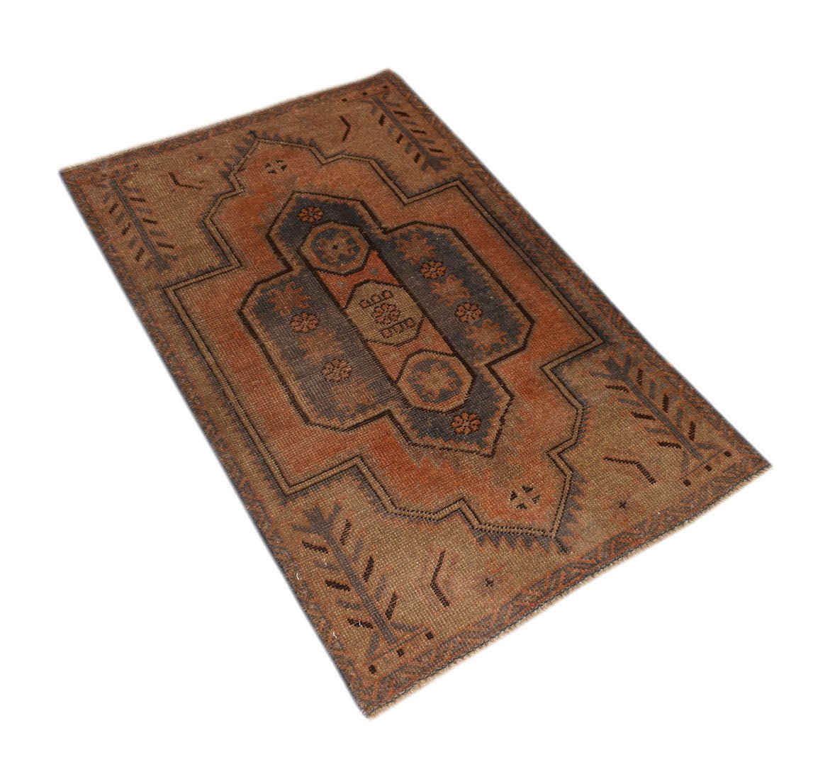 Handmade Afghan Baluch rug featuring a geometric medallion pattern in shades of brown and orange.
