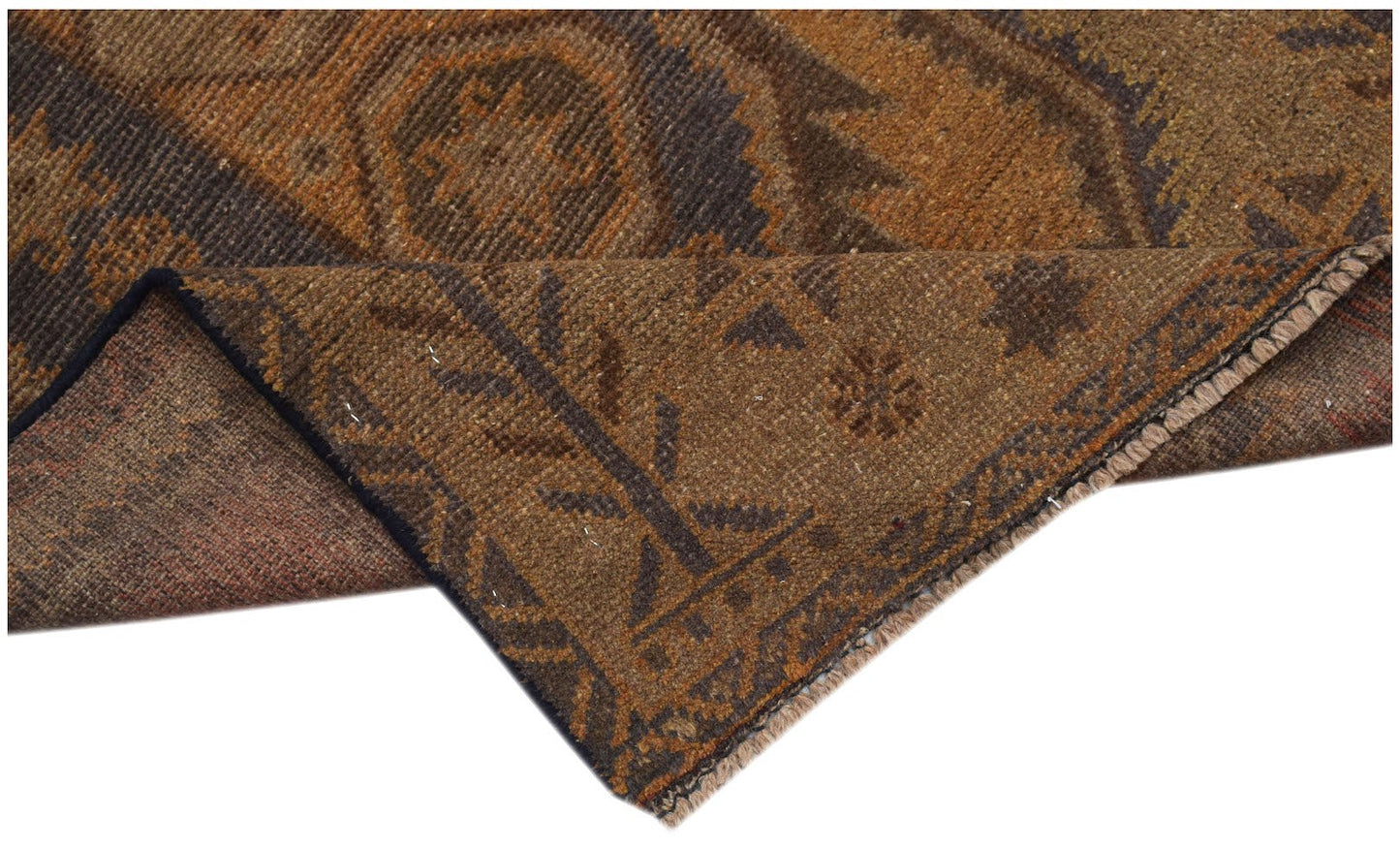 A handmade Afghan Baluch rug featuring traditional geometric patterns in shades of brown and tan.