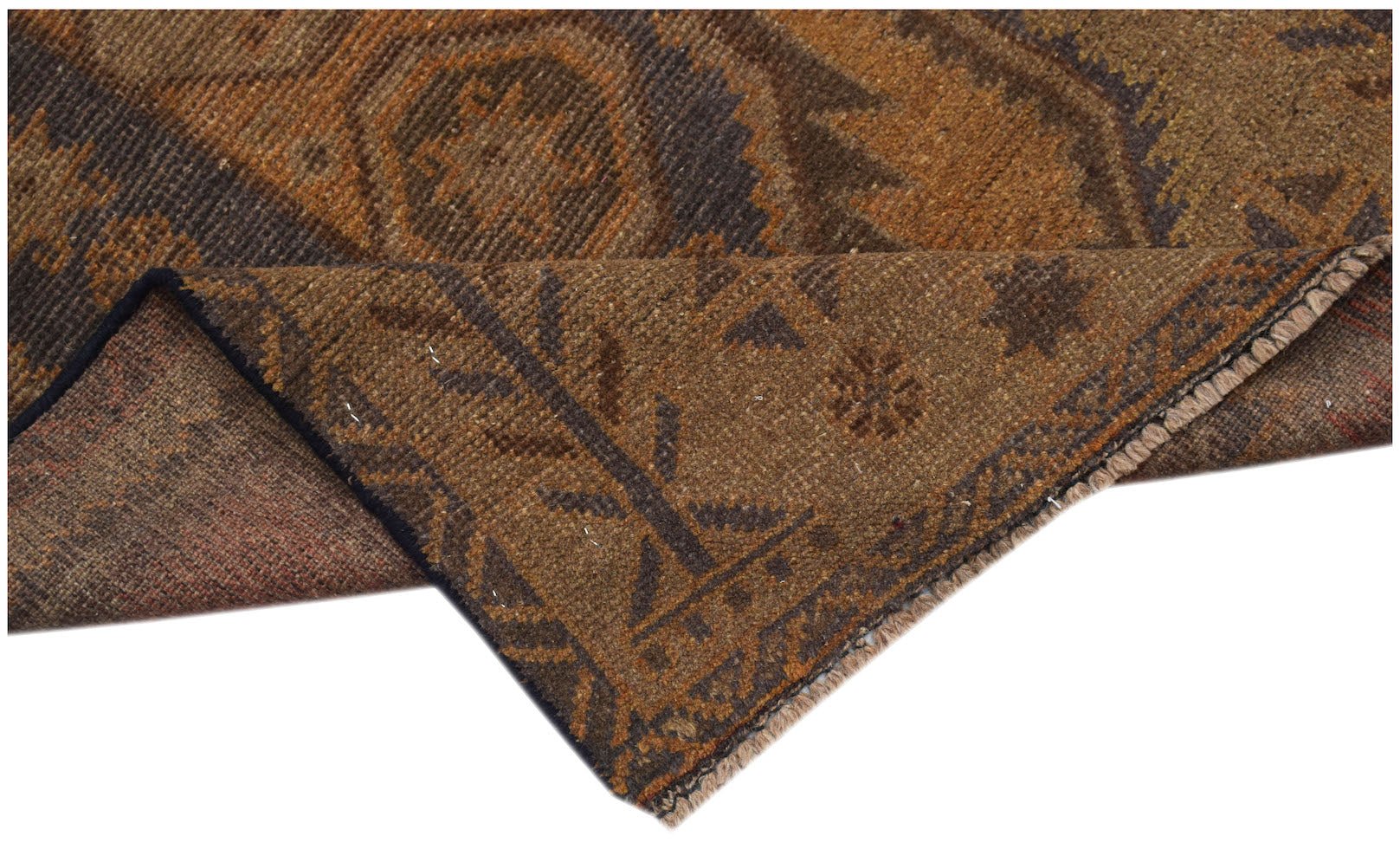 A handmade Afghan Baluch rug featuring traditional geometric patterns in shades of brown and tan.