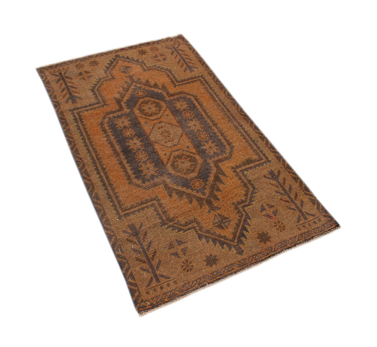 A handmade Afghan Baluch rug featuring a geometric medallion pattern in shades of brown and rust.