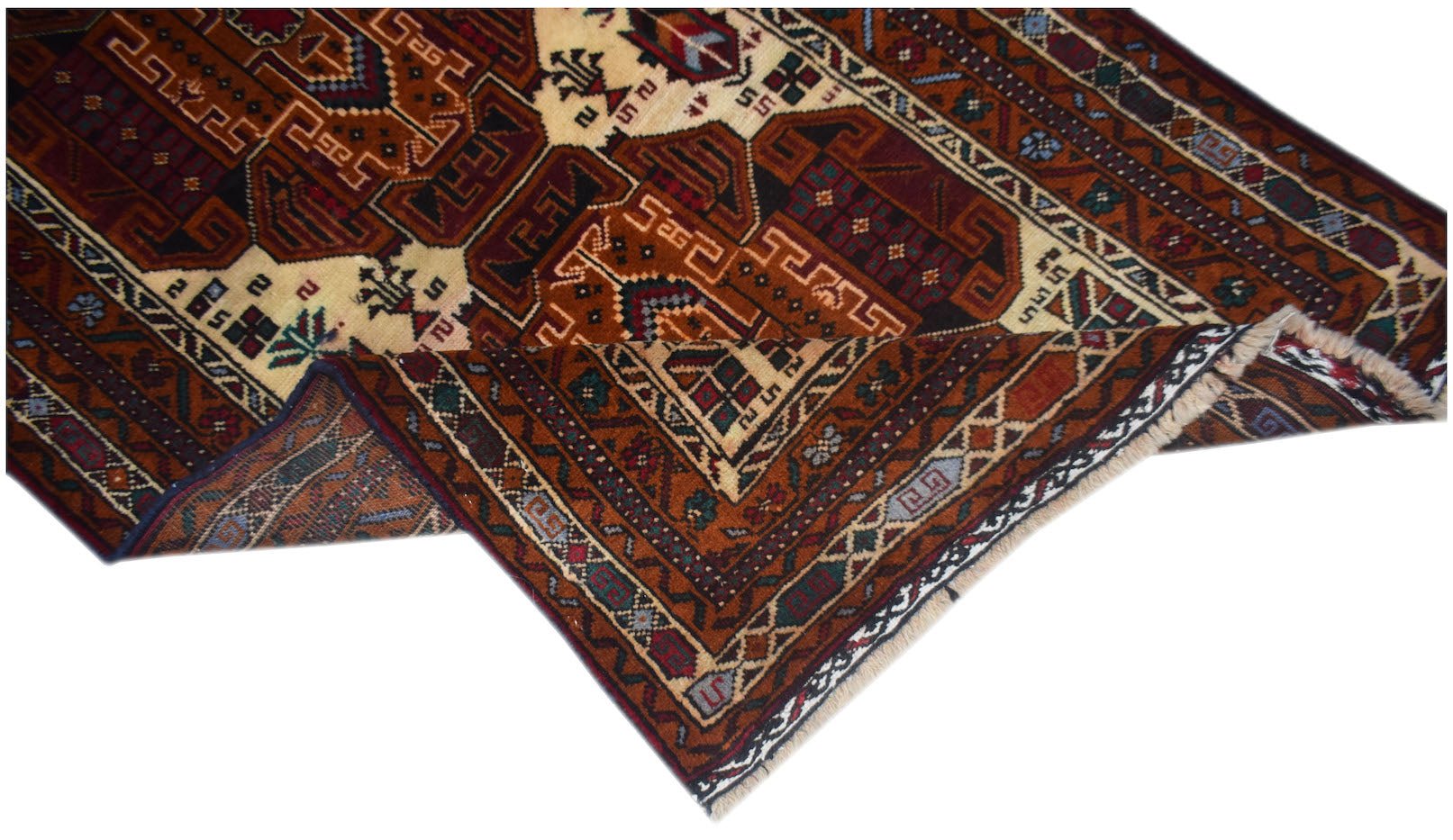 A vintage handmade Afghan Baluch rug featuring intricate geometric patterns in deep red and brown.