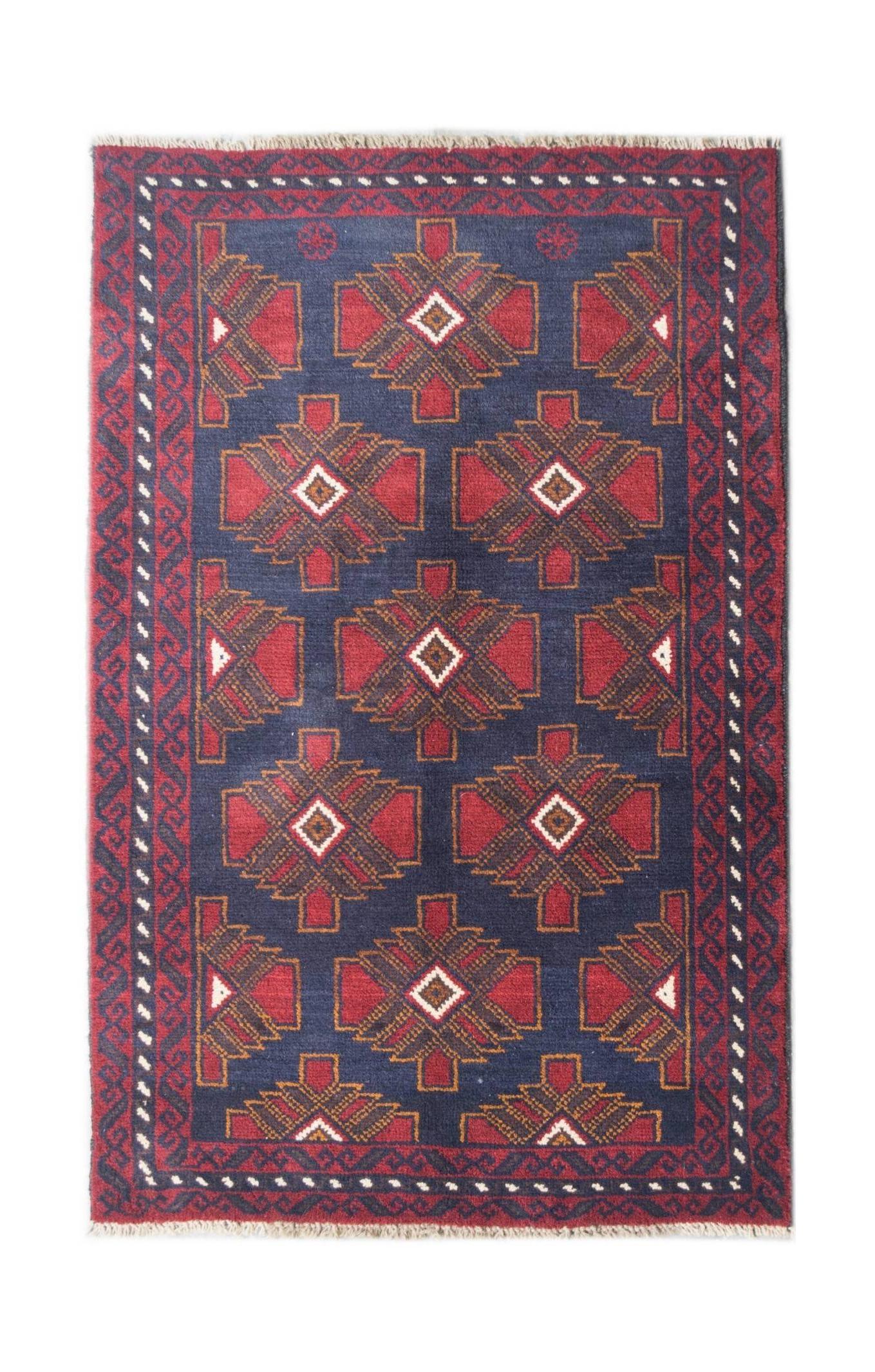 Handmade Afghan Pashm rug featuring a geometric tribal pattern in dark red, brown, and blue.