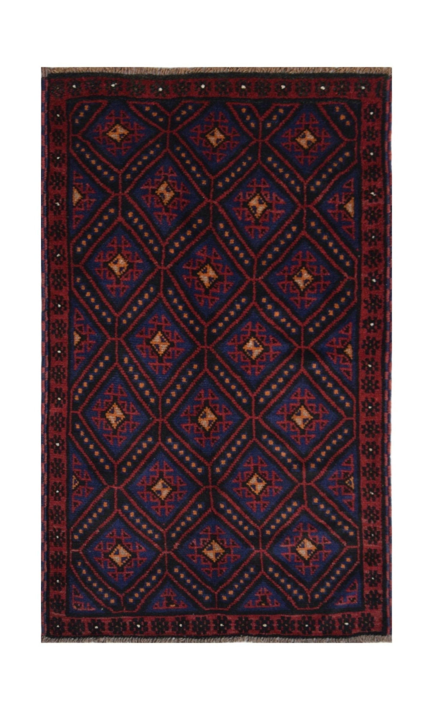 Handmade Afghan Baluch rug featuring a dark blue and red diamond pattern with ivory accents.
