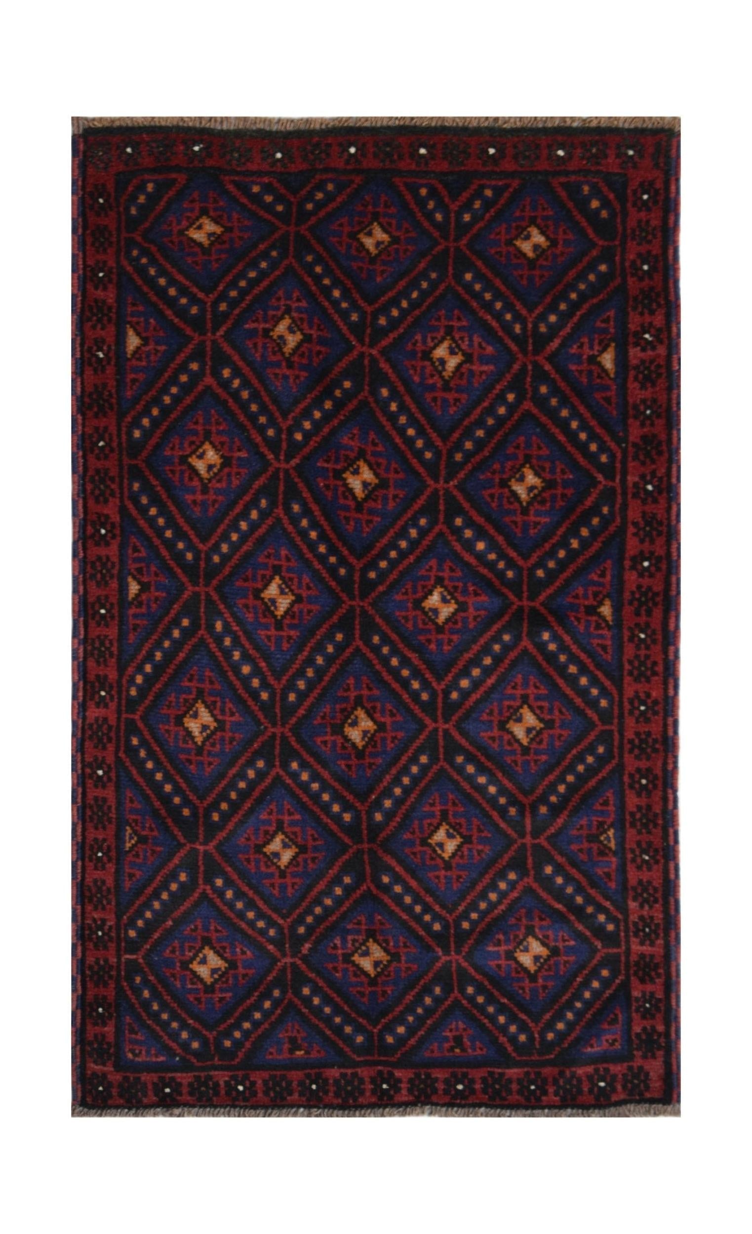 Handmade Afghan Baluch rug featuring a dark blue and red diamond pattern with ivory accents.