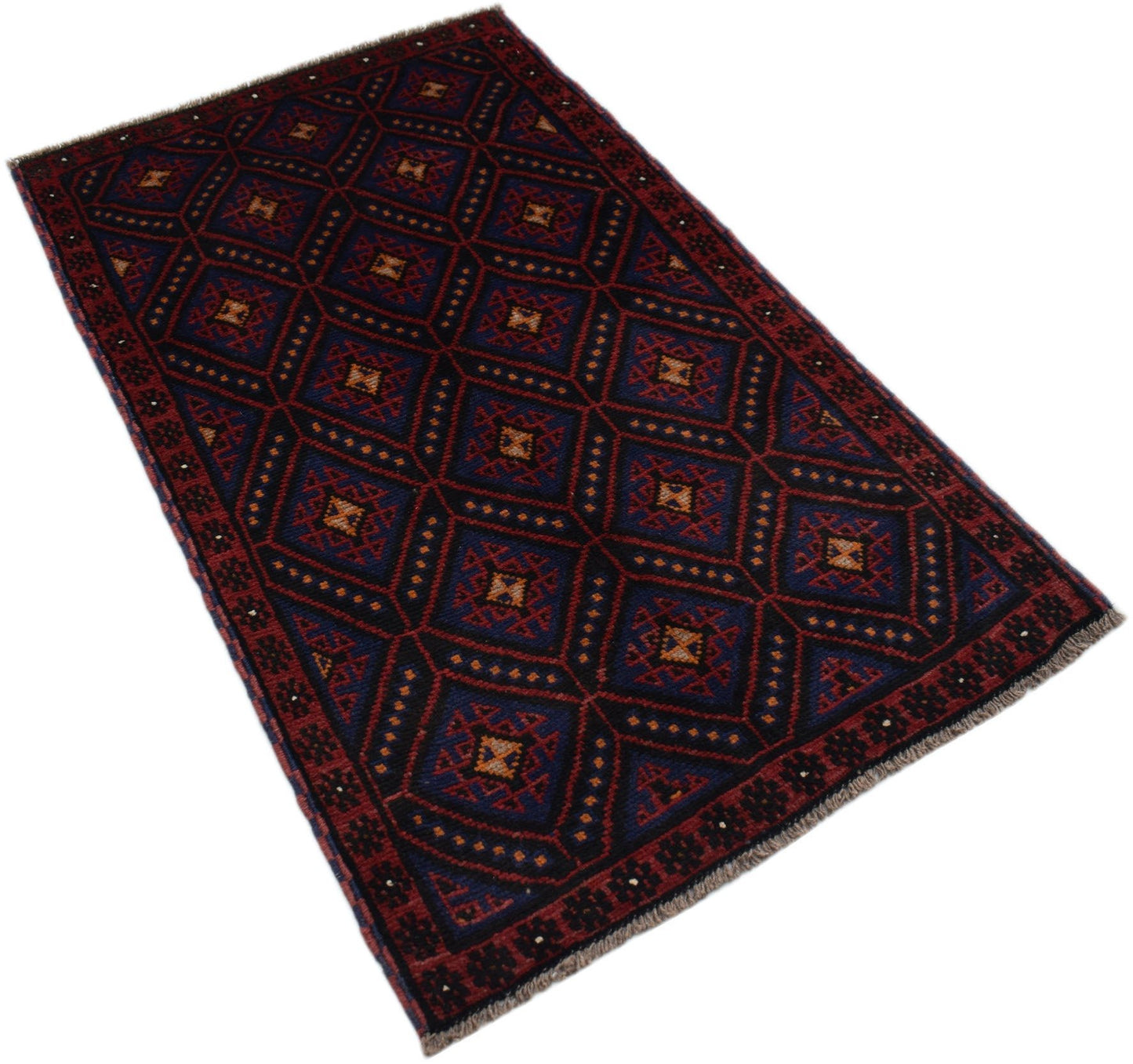 Handmade Afghan Baluch rug featuring a repeating diamond pattern in dark red, blue, and ivory.