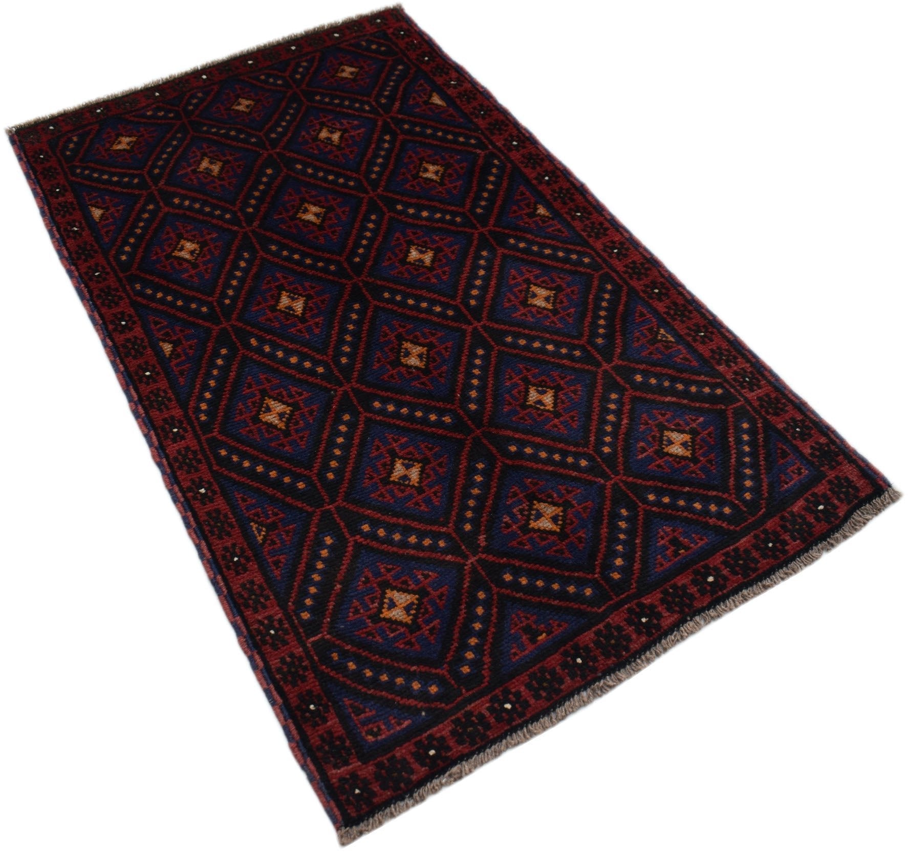 Handmade Afghan Baluch rug featuring a repeating diamond pattern in dark red, blue, and ivory.