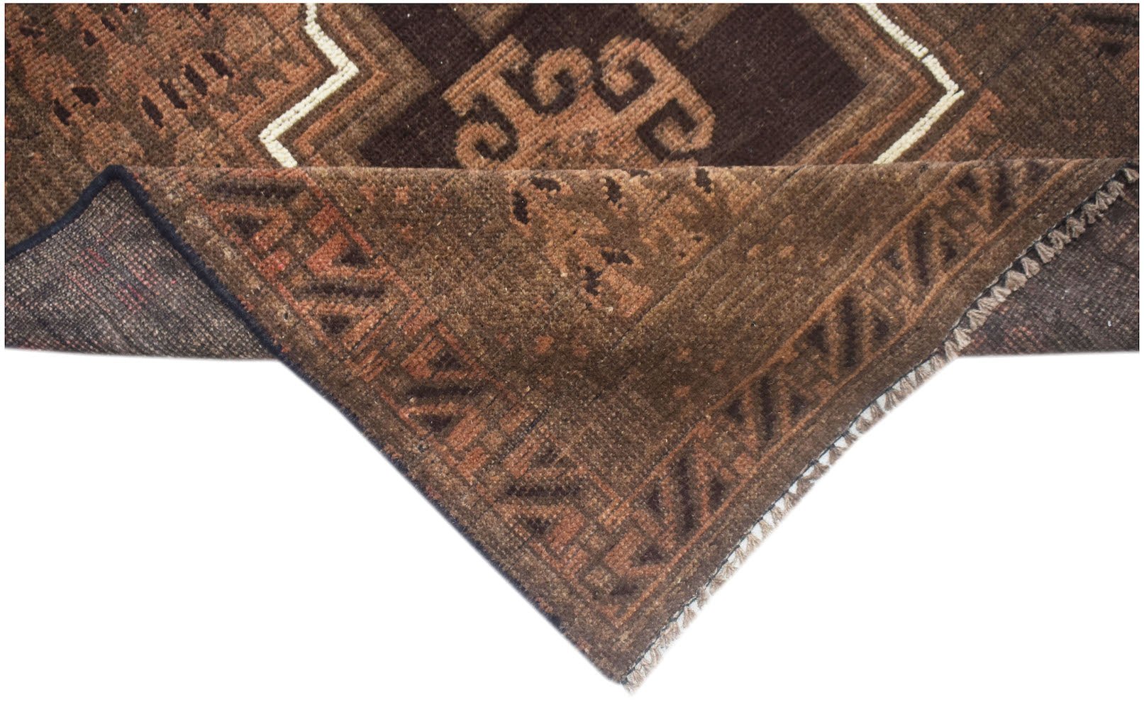 A handmade Afghan Baluch wool rug featuring geometric patterns in shades of brown.