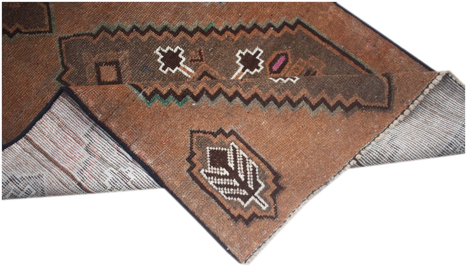 A handmade Afghan Baluch rug featuring geometric patterns in shades of brown and cream.