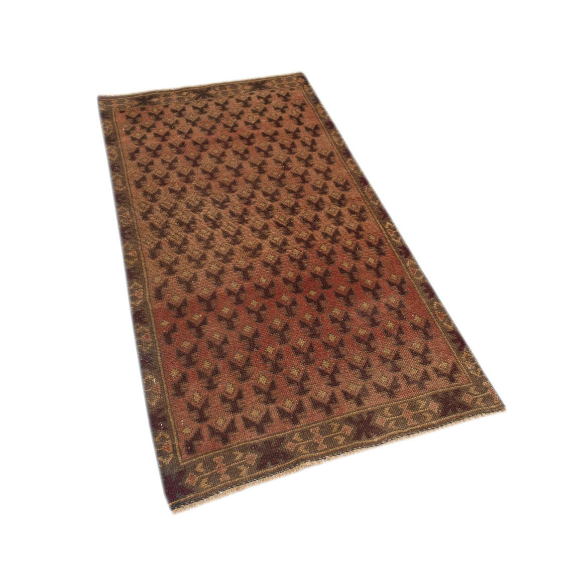 A handmade Afghan Baluch rug featuring a repeating geometric pattern in shades of red and brown.