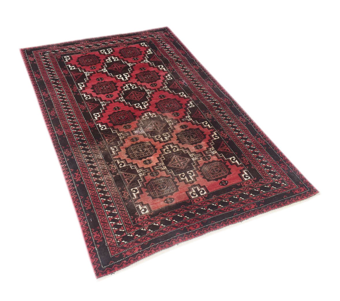 A rectangular vintage Afghan Baluch rug featuring geometric patterns in shades of red and black.