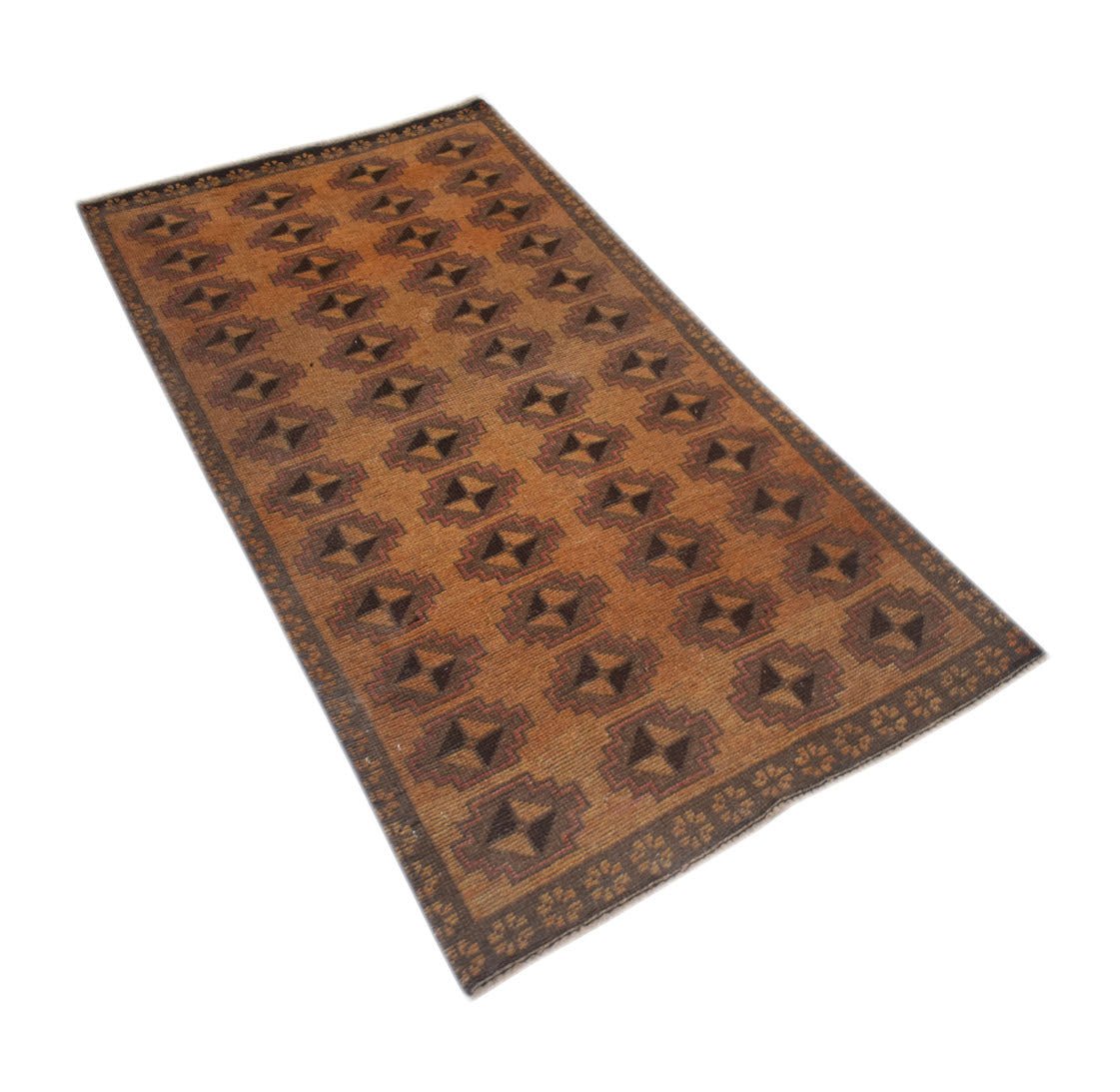 Handmade Afghan Baluch wool rug featuring a repeating geometric pattern in shades of brown.