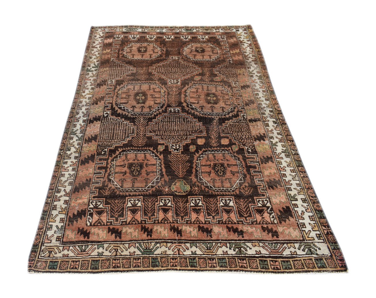 Handmade Afghan Baluch wool rug featuring geometric patterns in shades of brown and tan.