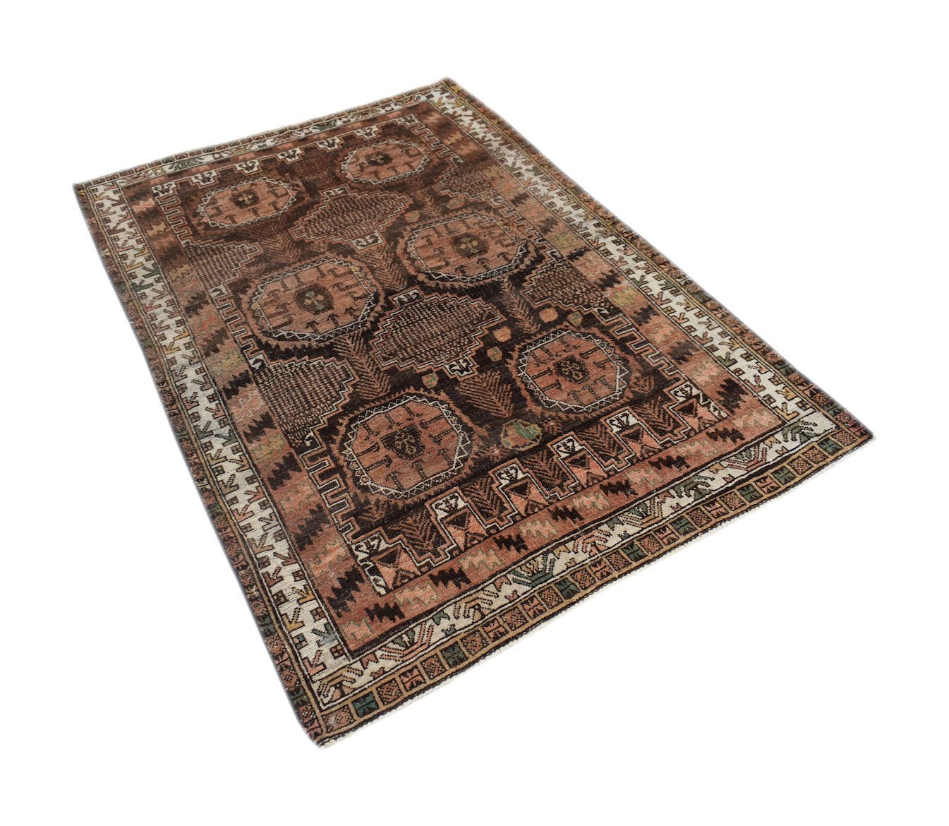 Handmade Afghan Baluch wool rug featuring a geometric pattern in shades of brown and terracotta.