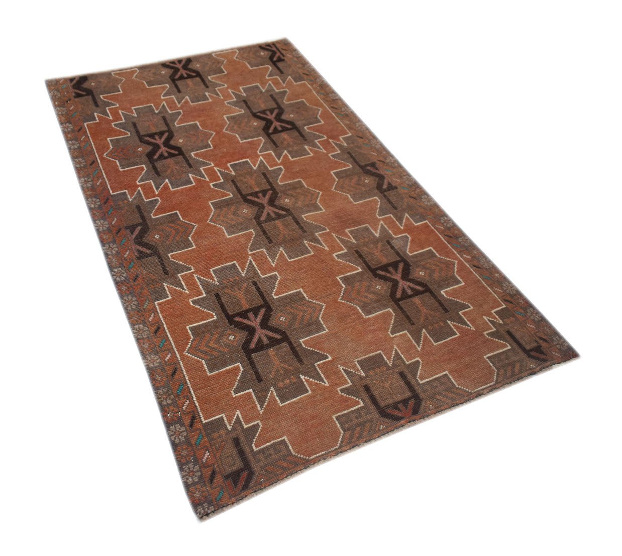 Handmade Afghan Baluch rug featuring a geometric pattern in shades of rust, brown, and cream.