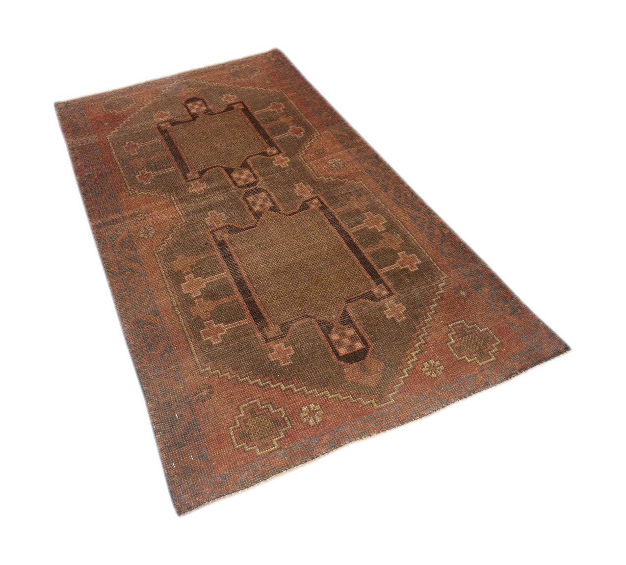 Handmade Afghan Baluch rug featuring a geometric brown central medallion on a rust red background.