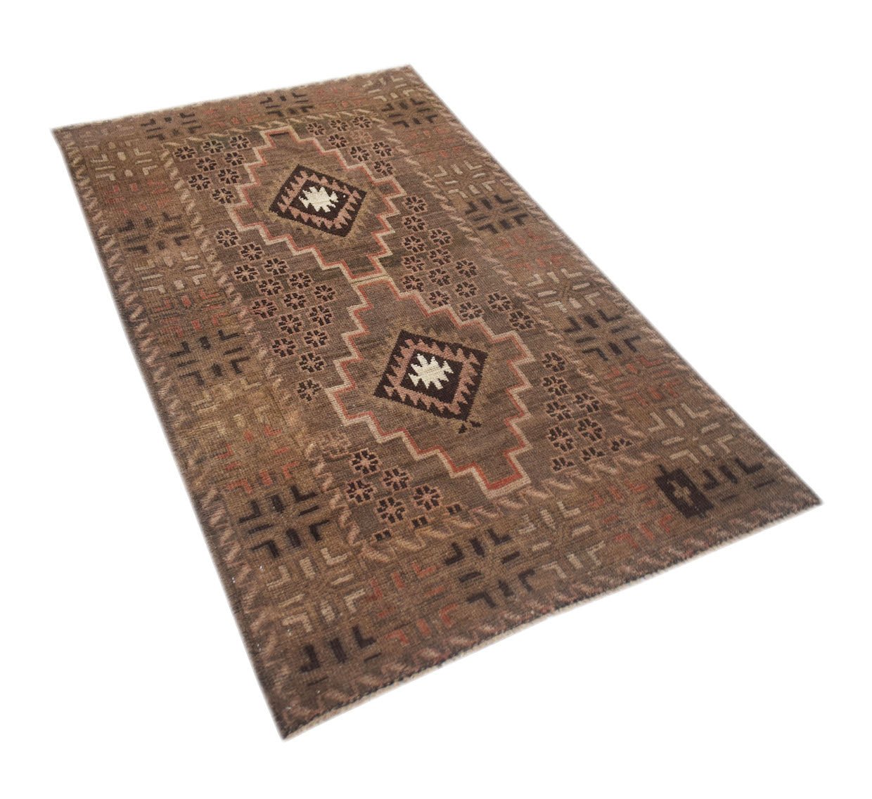 A handmade Afghan Baluch rug featuring a brown geometric pattern with two central diamond motifs.