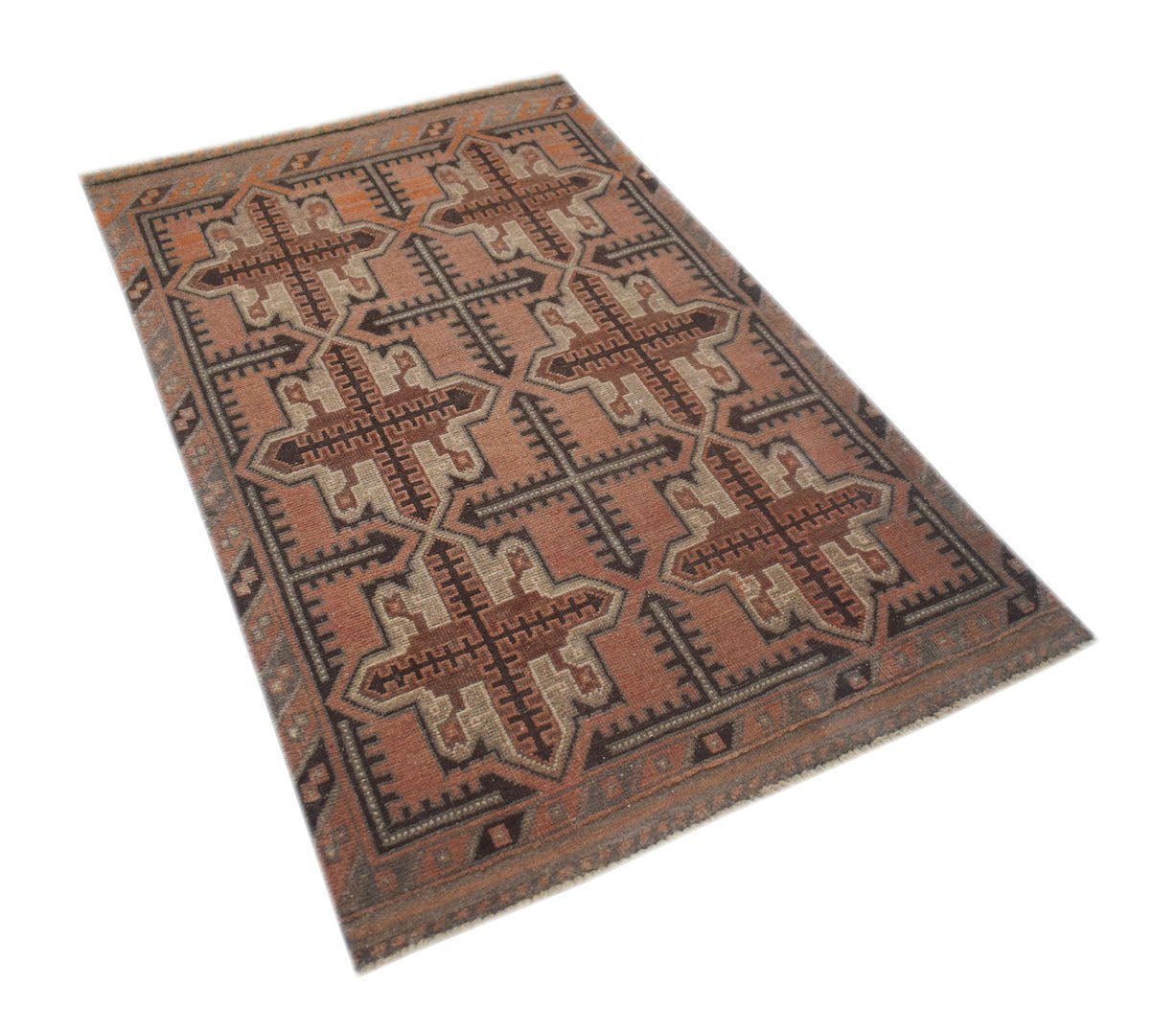 An Afghan Baluch rug featuring a geometric pattern in shades of brown, rust, and cream.