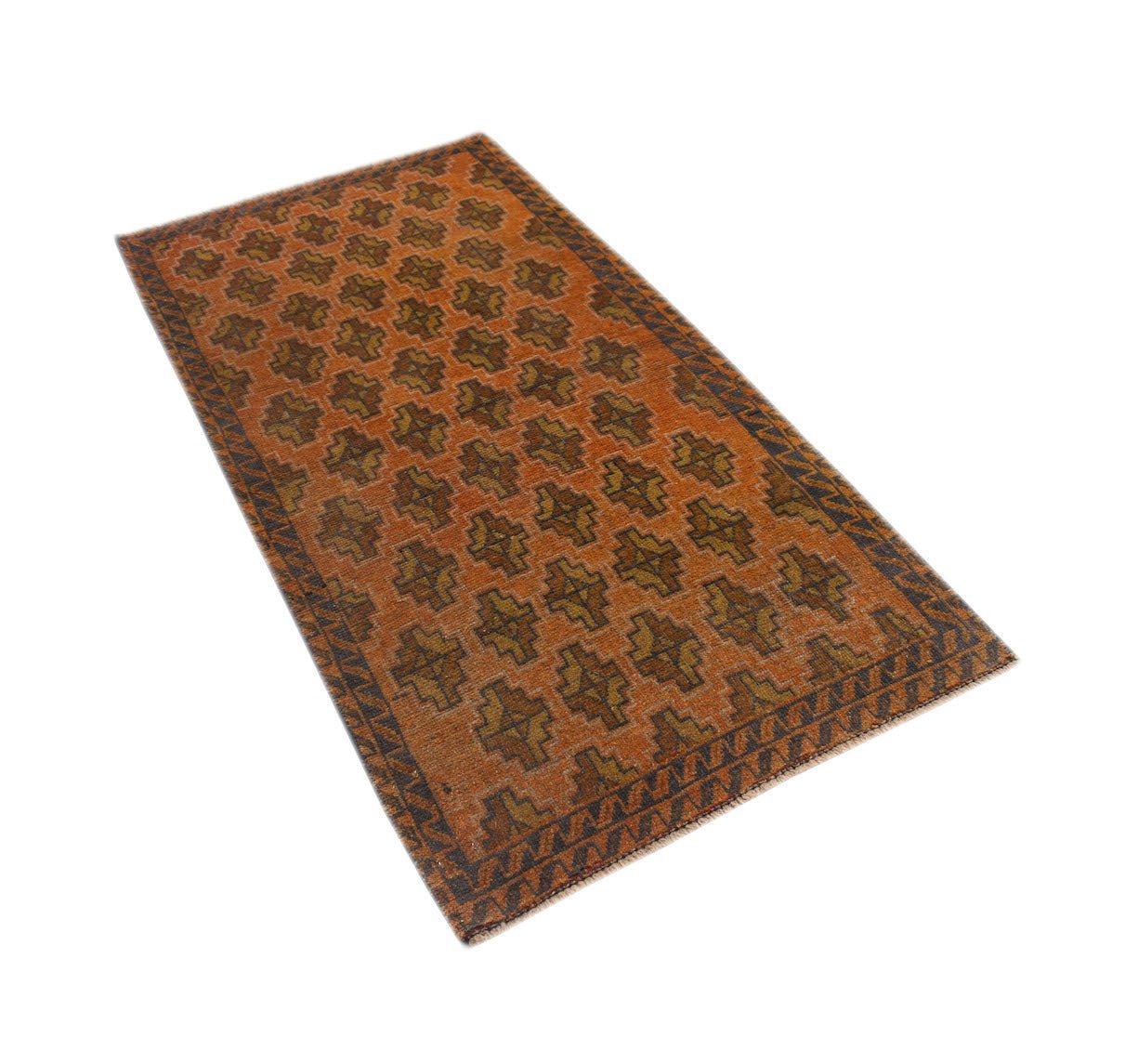 Handmade Afghan Baluch rug featuring a repeating geometric pattern in orange and dark brown wool.