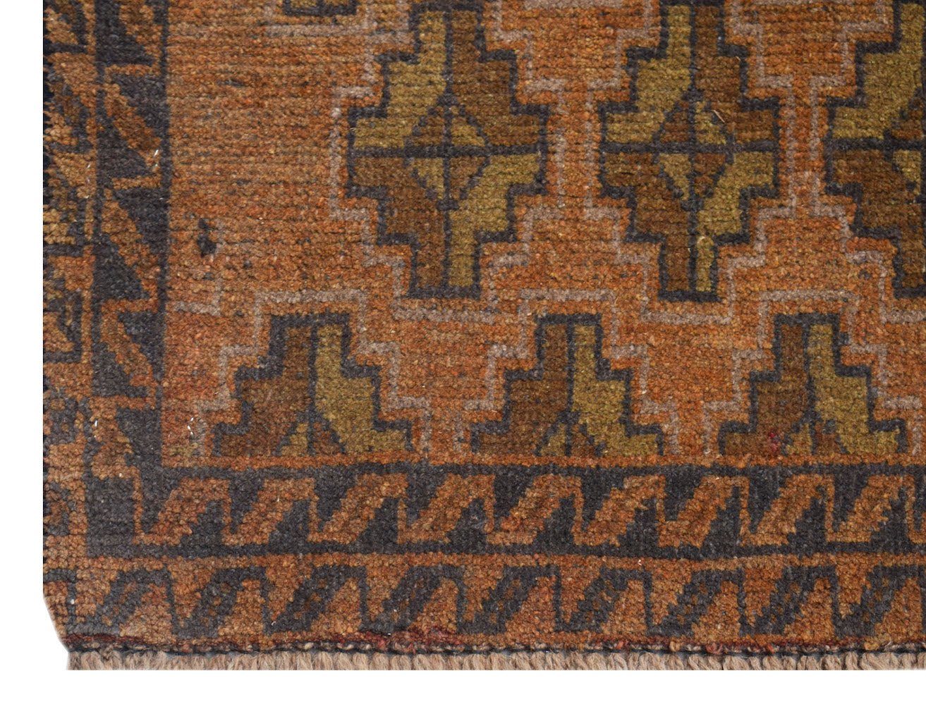 Handmade Afghan Baluch rug featuring geometric diamond patterns in rust and olive tones.