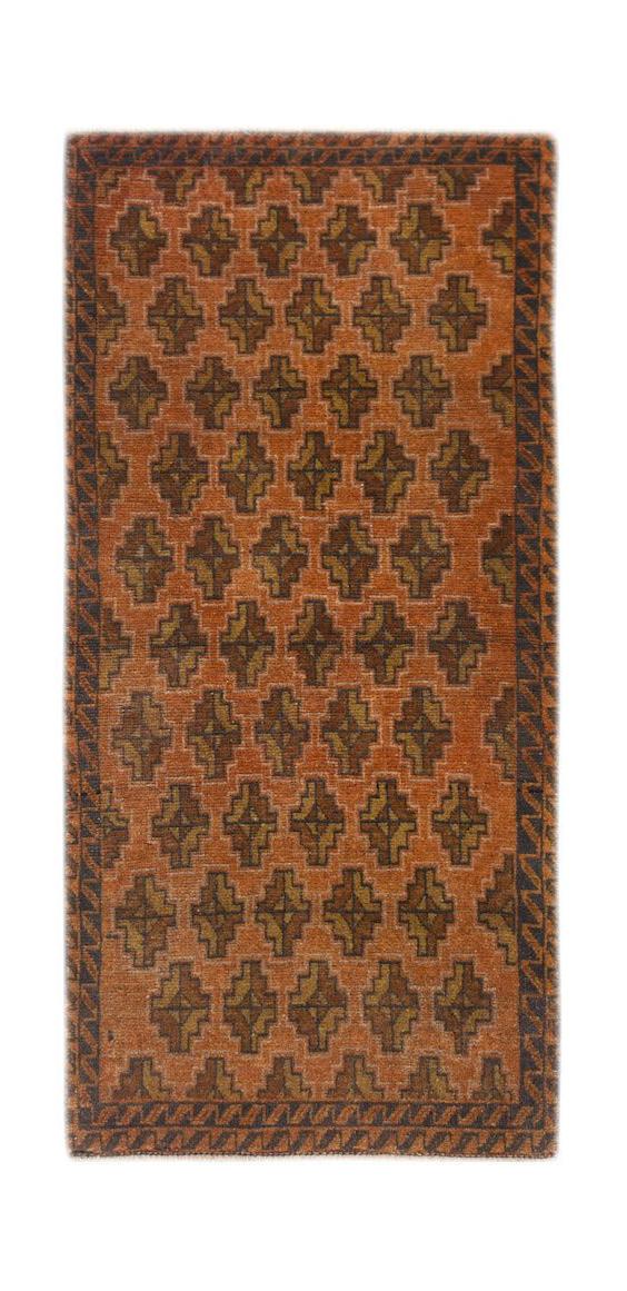 Handmade Afghan Baluch rug featuring a repeating geometric pattern in shades of orange and brown.
