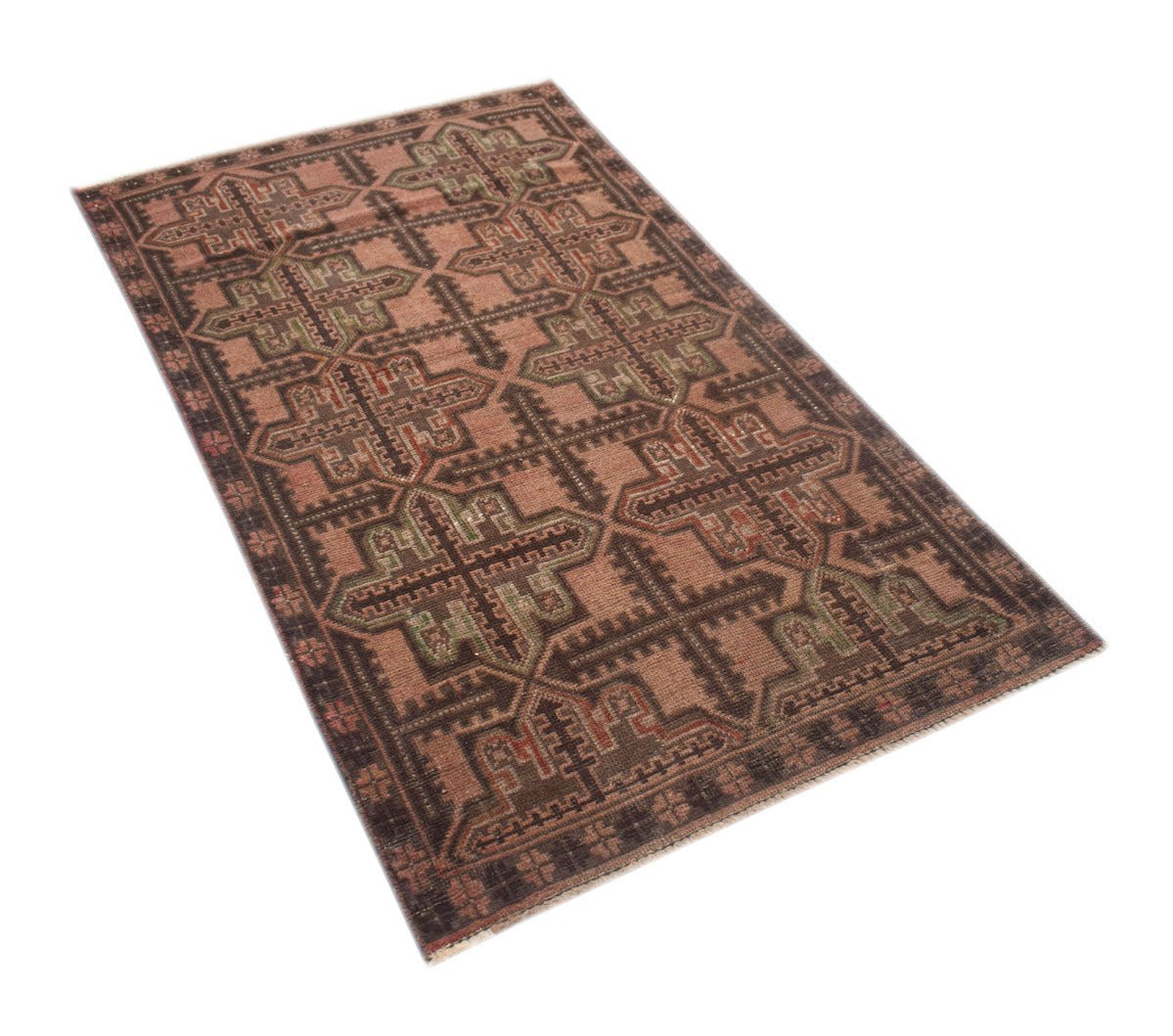 A handmade Afghan Baluch rug featuring a geometric pattern in shades of brown, red, and green.