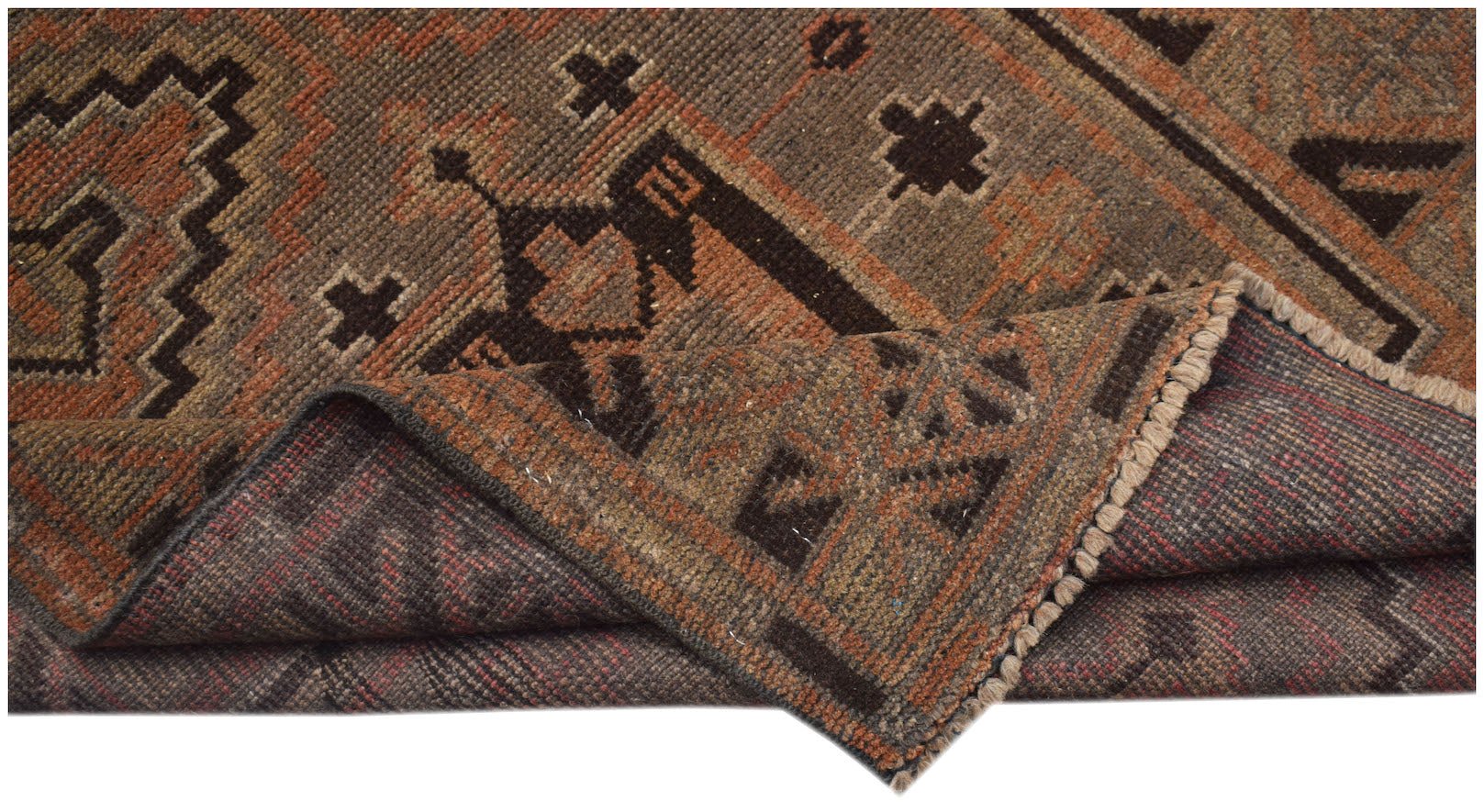 A handmade Afghan Baluch rug with a geometric pattern in shades of brown and rust.