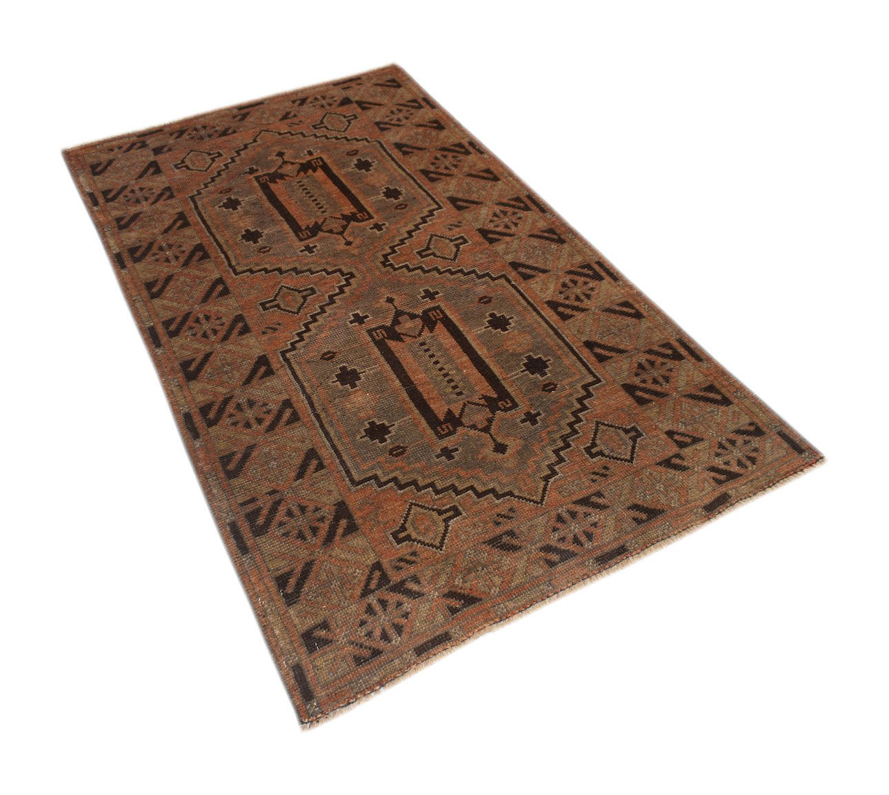Handmade Afghan Baluch rug featuring a geometric pattern in shades of brown and rust.