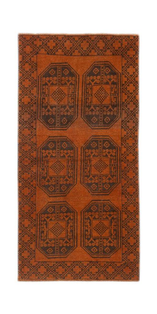 Handmade Afghan Baluch rug featuring a rust-orange field with six dark geometric octagonal motifs.