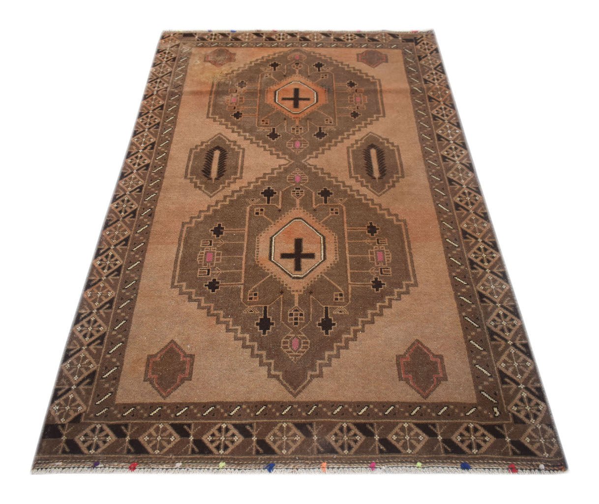 Handmade Afghan Baluch rug featuring a geometric diamond pattern in brown and tan wool.
