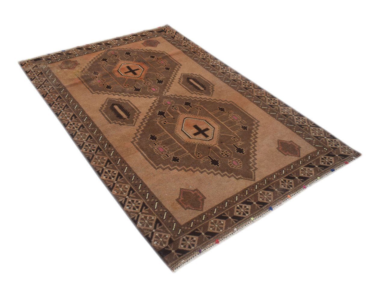 A handmade Afghan Baluch wool rug featuring geometric patterns in shades of brown and tan.