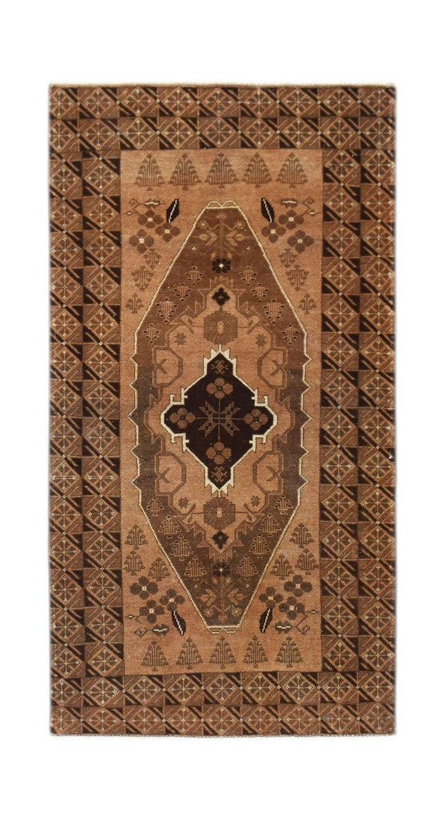 Handmade Afghan Baluch rug featuring a geometric diamond medallion in shades of brown and tan.