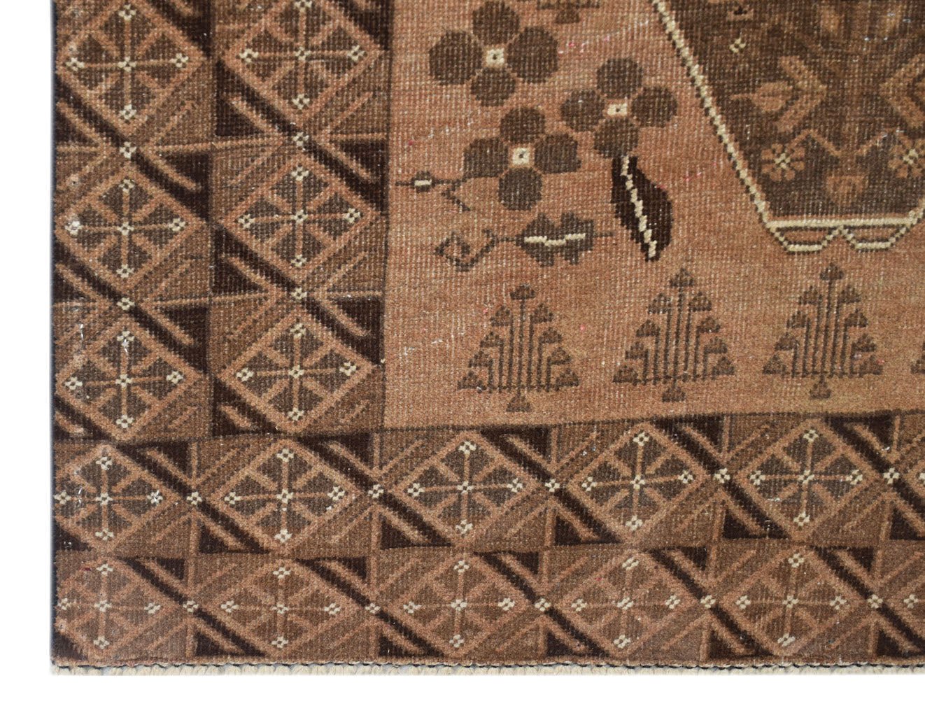 Handmade Afghan Baluch rug featuring geometric diamond borders and floral motifs in brown tones.