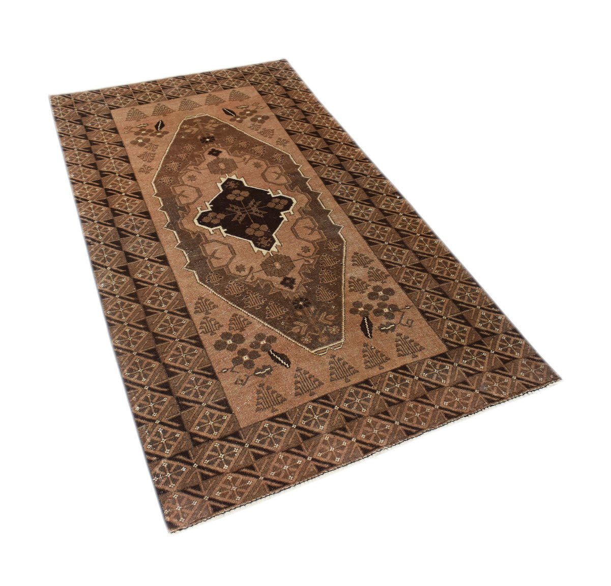 Handmade Afghan Baluch rug featuring a geometric central medallion and floral motifs in brown tones.