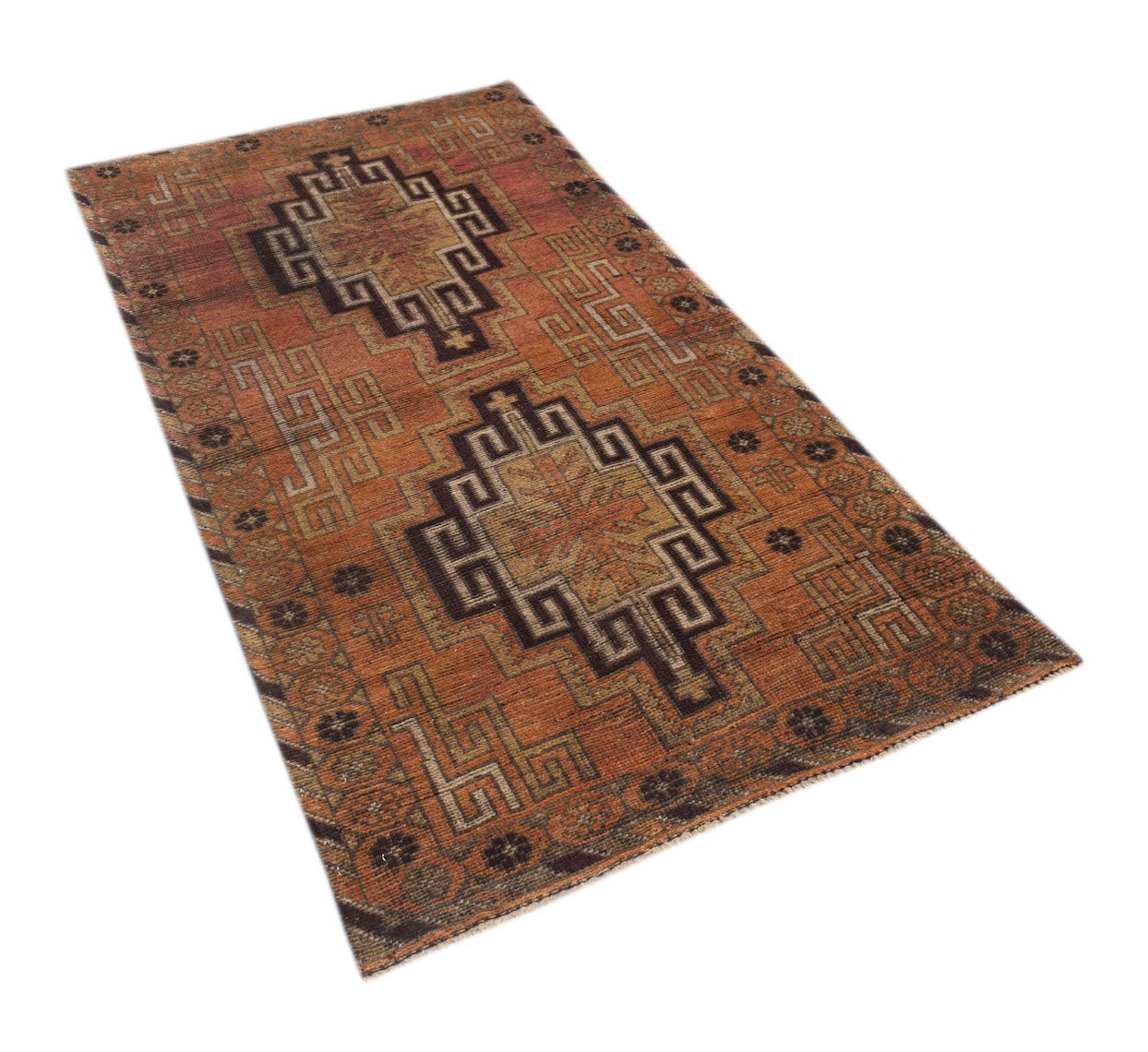 An Afghan Baluch rug featuring two dark geometric medallions on a warm orange field.