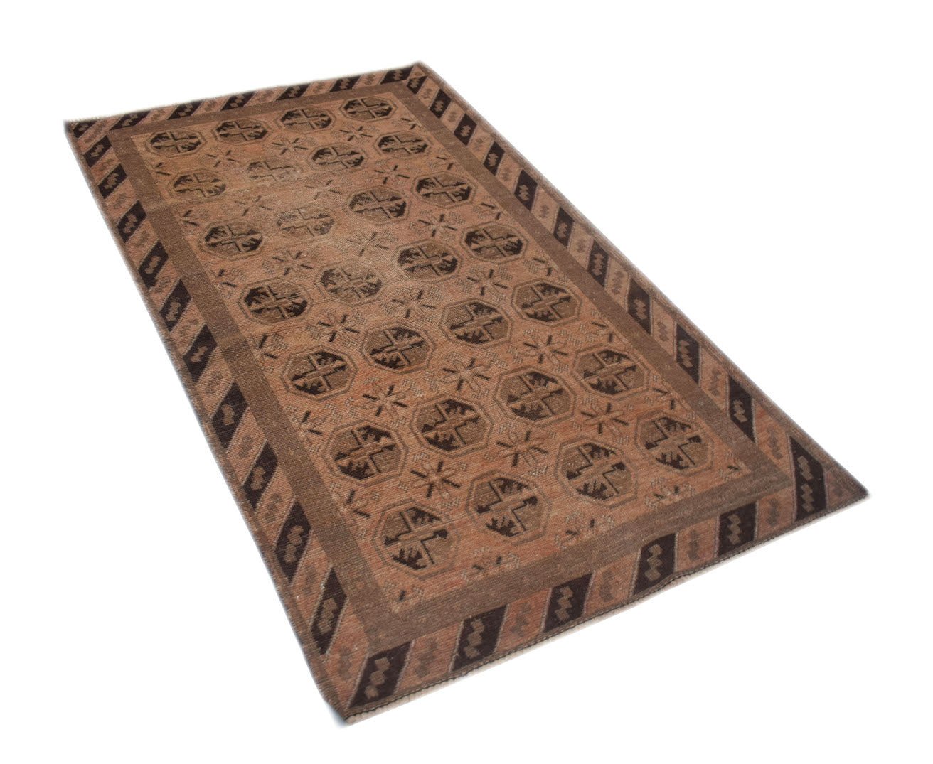 Handmade Afghan Baluch wool rug featuring a repeating geometric pattern in brown and tan tones.