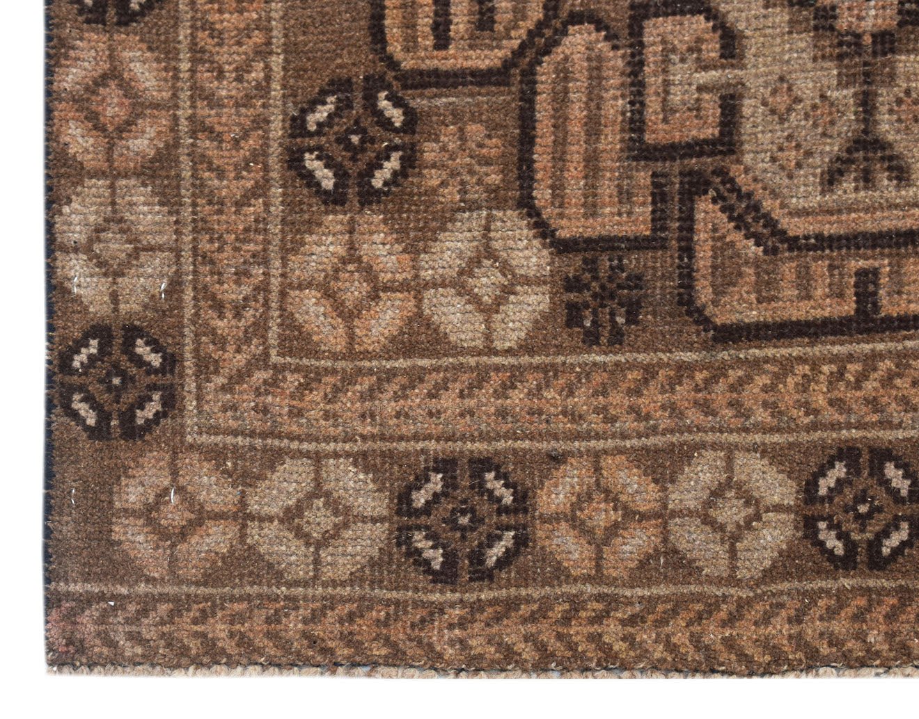 A handmade Afghan Baluch rug featuring a geometric border and central pattern in shades of brown.