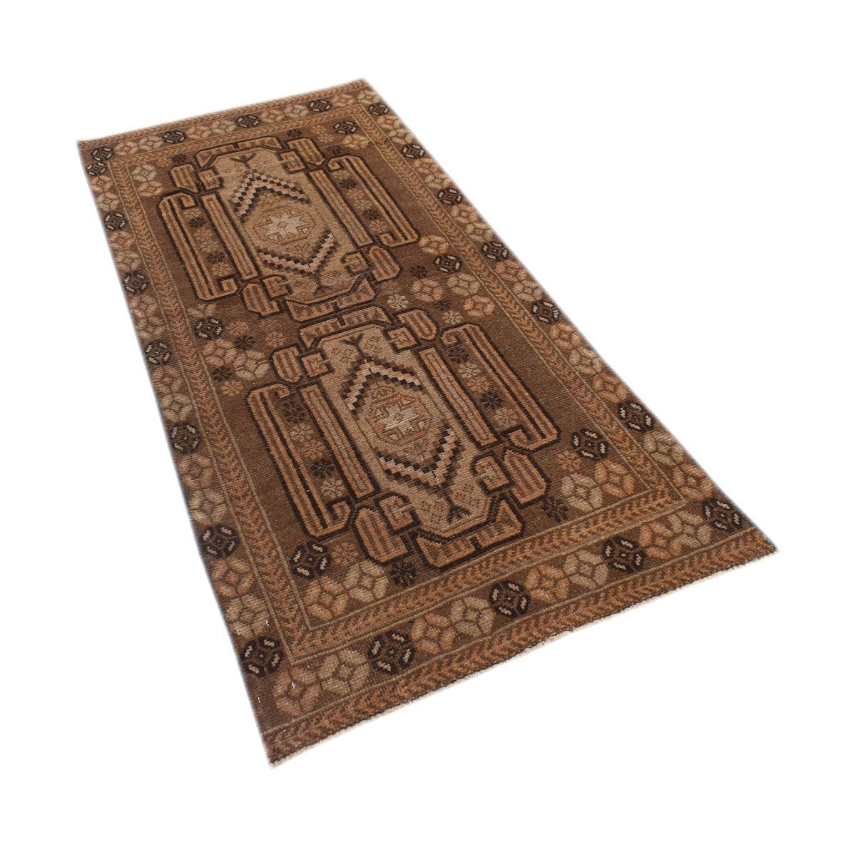 Handmade Afghan Baluch rug featuring a geometric pattern in shades of brown and tan.