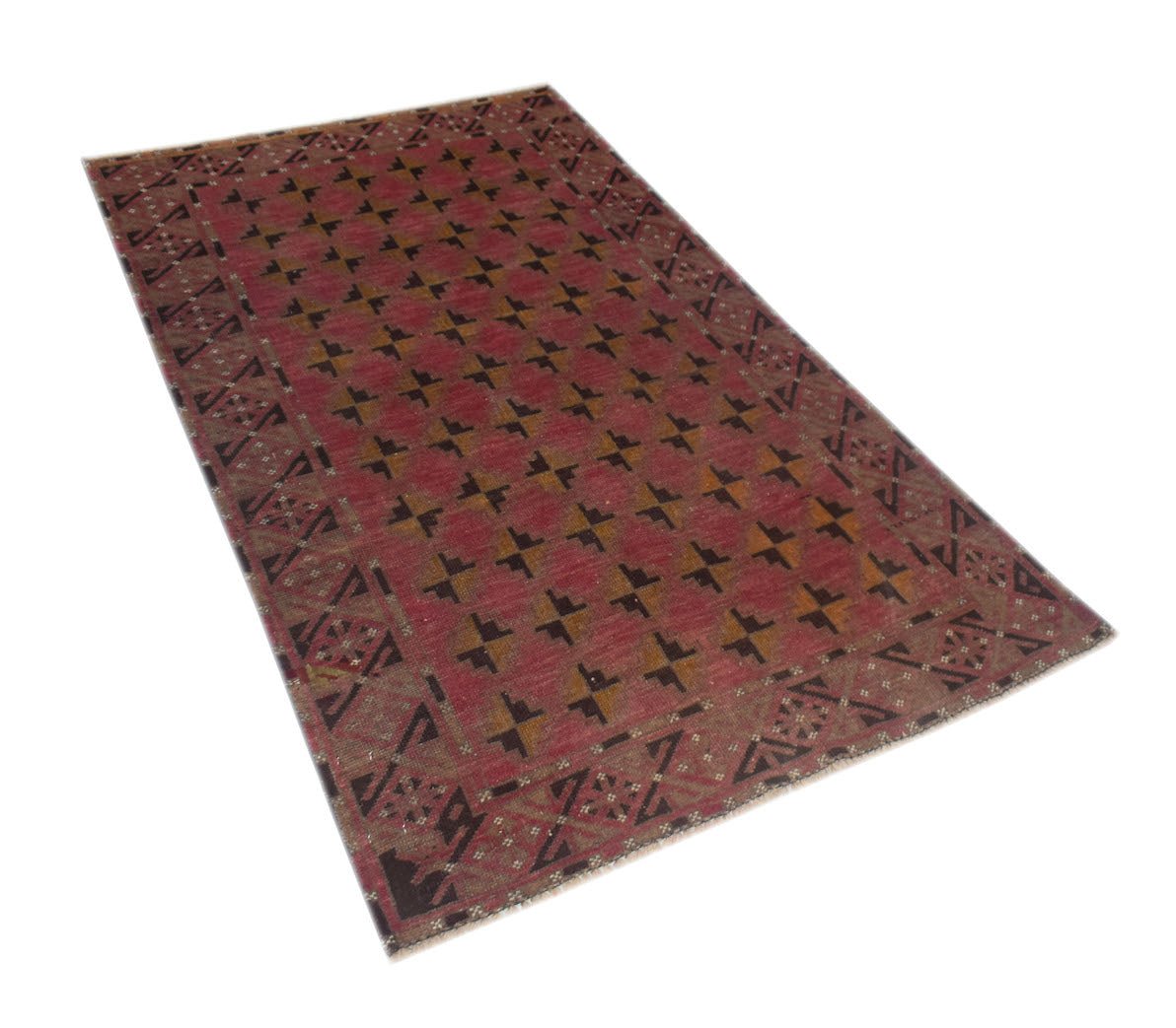 Handmade Afghan Baluch rug featuring a repeating geometric pattern in red, brown, and gold tones.