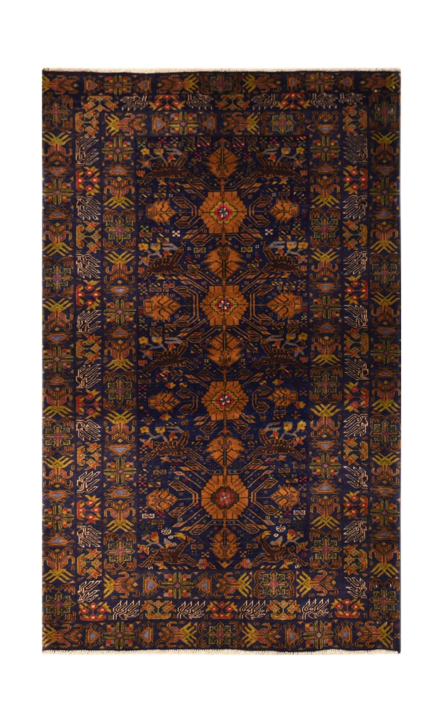 A vintage handmade Afghan Baluch rug featuring intricate geometric patterns in deep blue and orange.