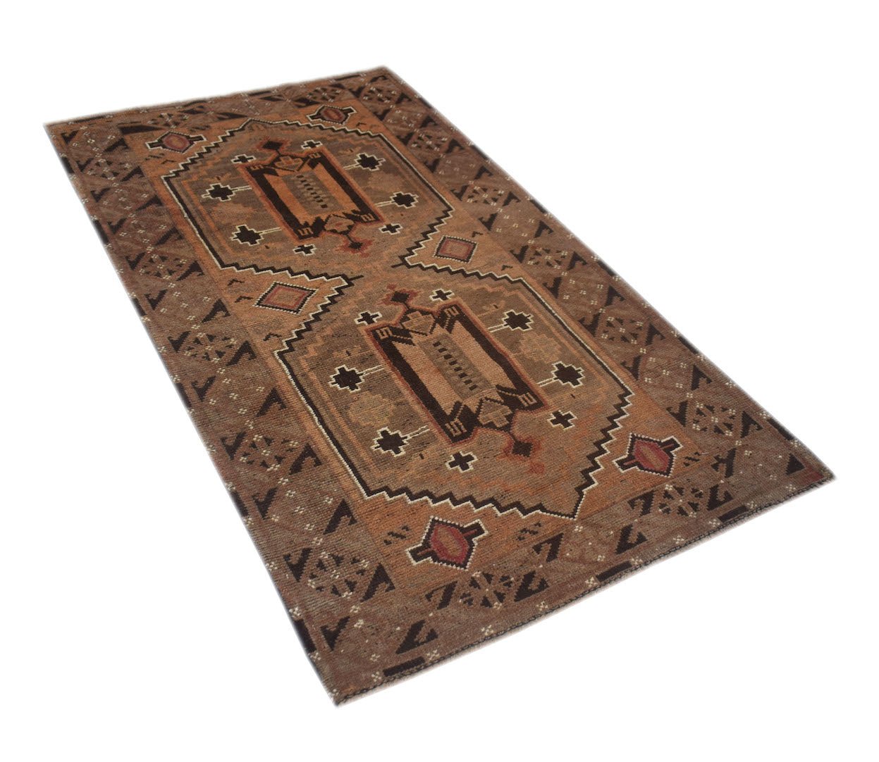 A handmade Afghan Baluch rug featuring geometric patterns in shades of brown and tan.