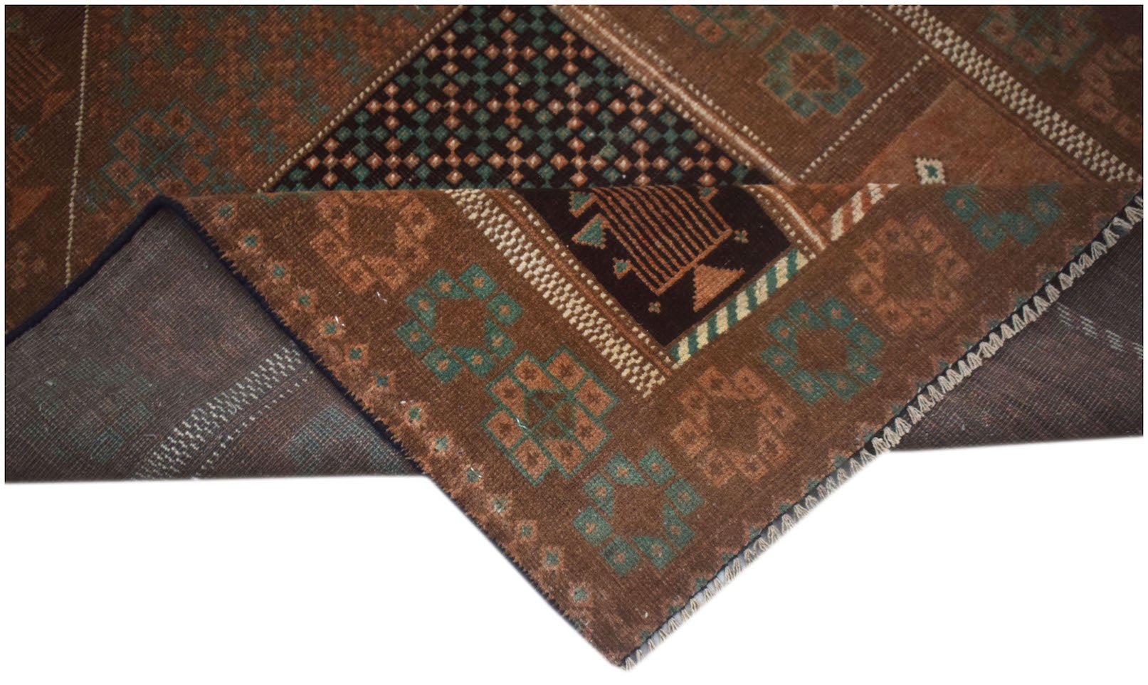 A handmade Afghan Baluch rug featuring geometric patterns in brown and teal wool.