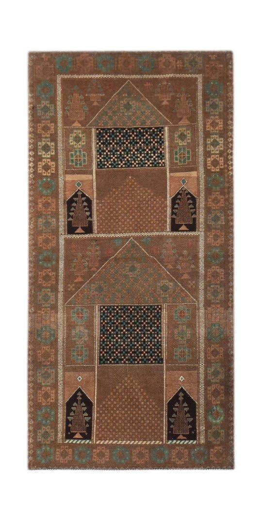 Handmade Afghan Baluch rug featuring a double prayer niche design in brown, blue, and black wool.