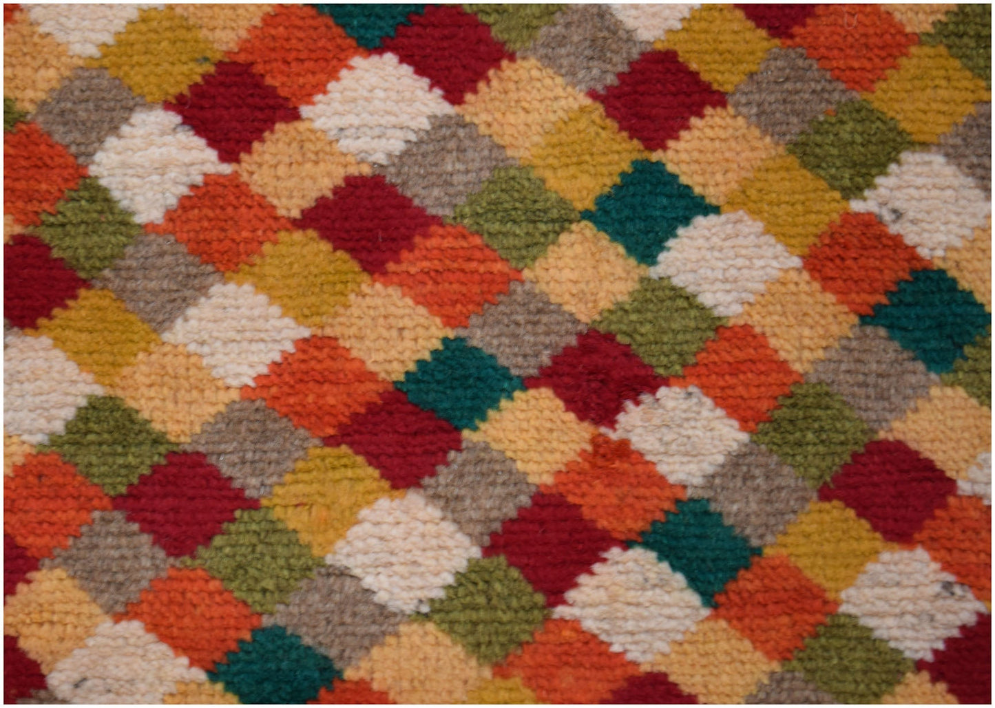 Handmade Afghan Baluch rug featuring a colorful diamond pattern in wool.