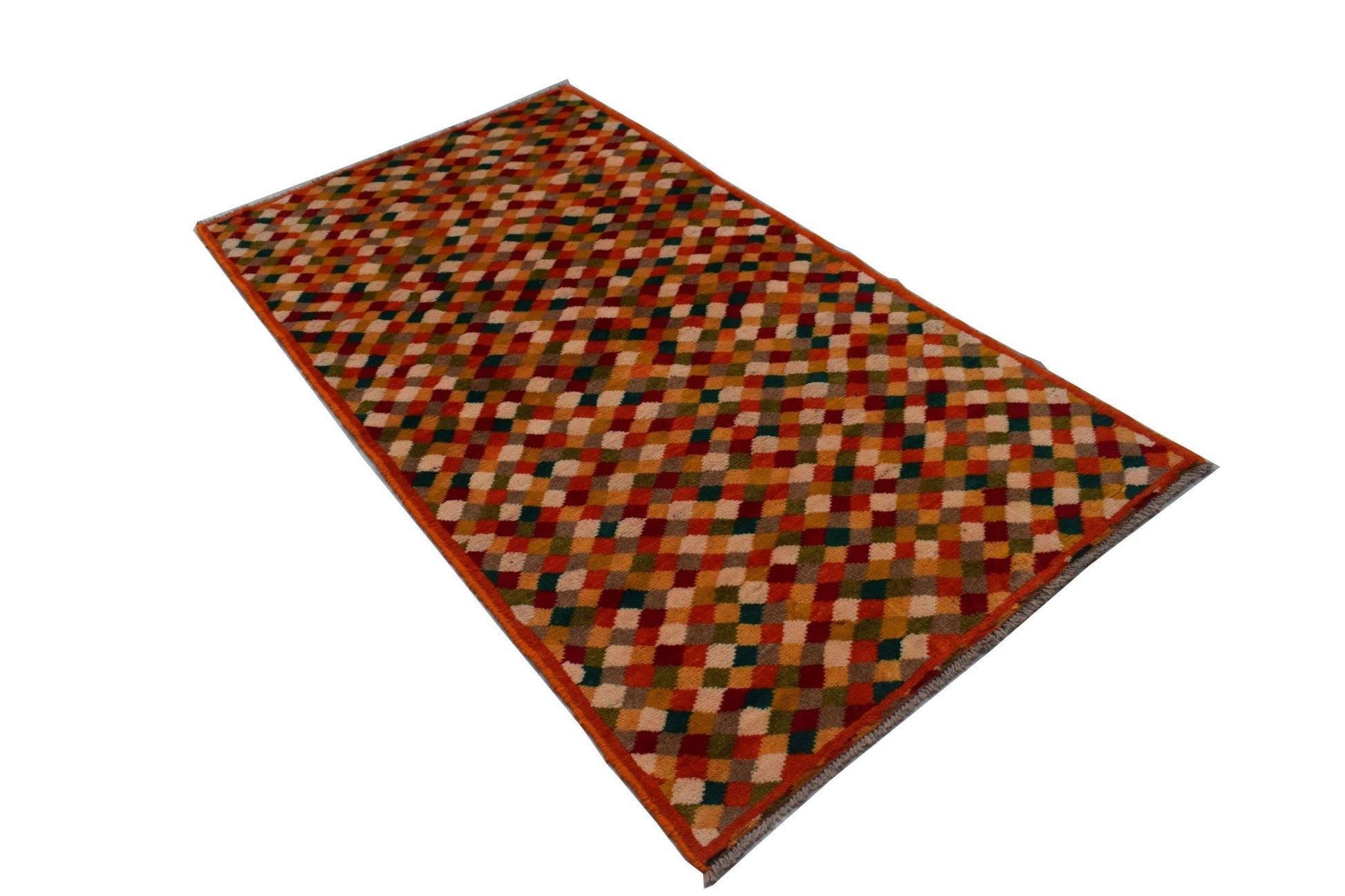 Handmade Afghan Baluch rug featuring a colorful geometric checkerboard pattern in wool.