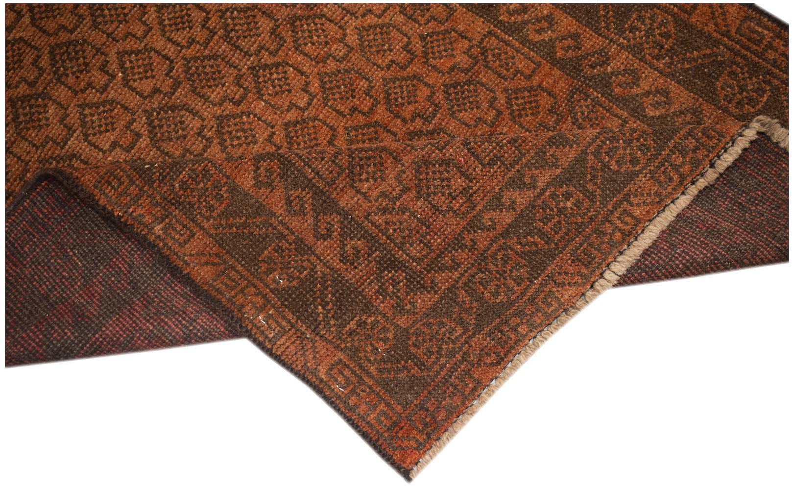 Handmade Afghan Baluch rug featuring a geometric pattern in shades of brown and rust orange.