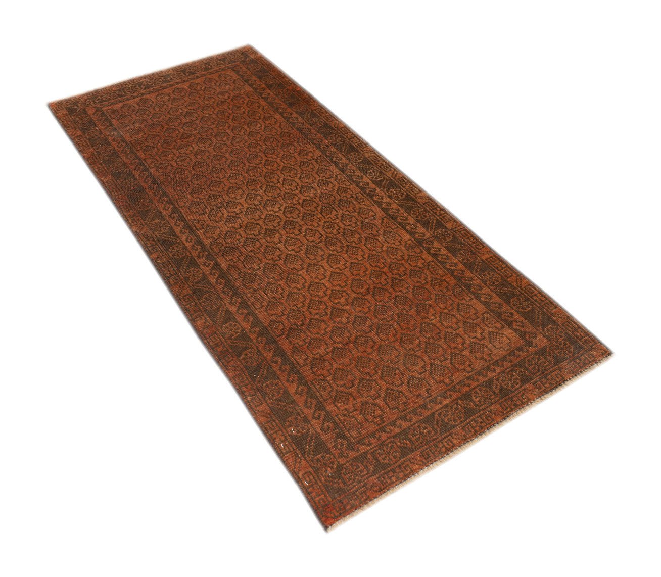 A handmade Afghan Baluch runner rug featuring a repeating geometric pattern in shades of red and brown.