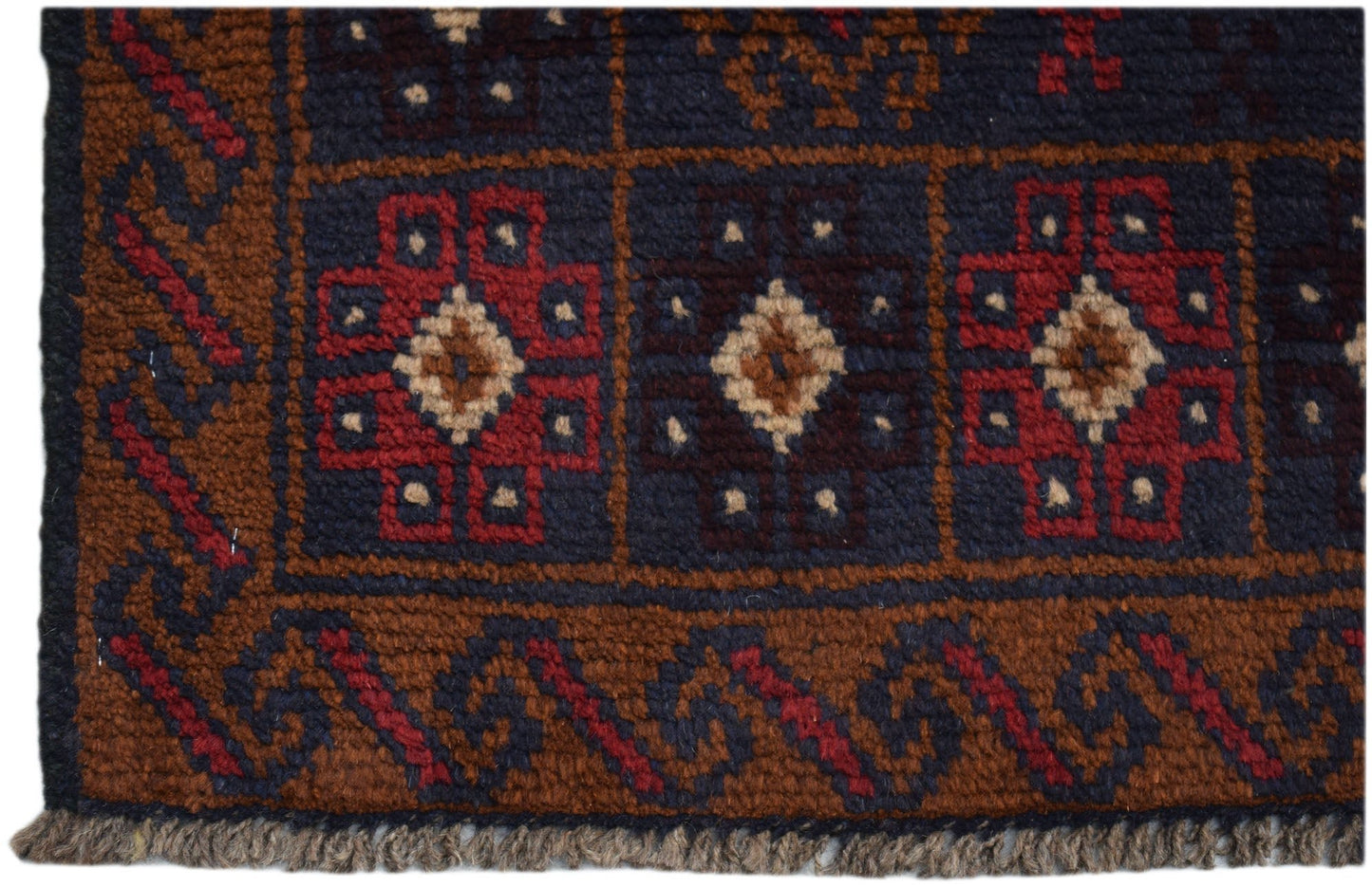 Handmade Afghan Baluch rug featuring geometric patterns in dark red, brown, and blue wool.
