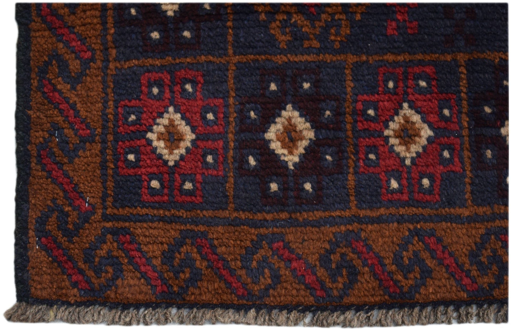 Handmade Afghan Baluch rug featuring geometric patterns in dark red, brown, and blue wool.